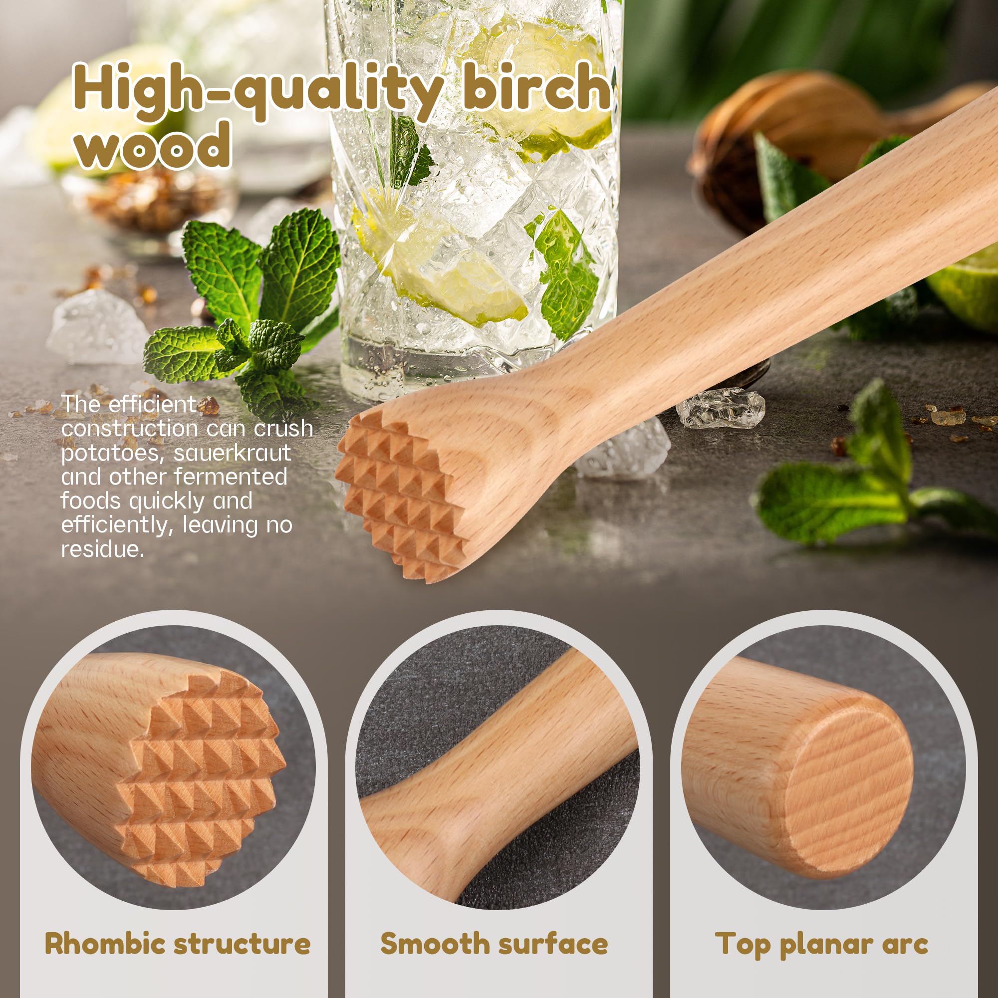 Mortero de Madera para Cócteles, Madera Herramientas de Barra de Mortero Mojito, Machacador de Fermentación, Utensilio de Cocina para caipirinha, tachuelas
