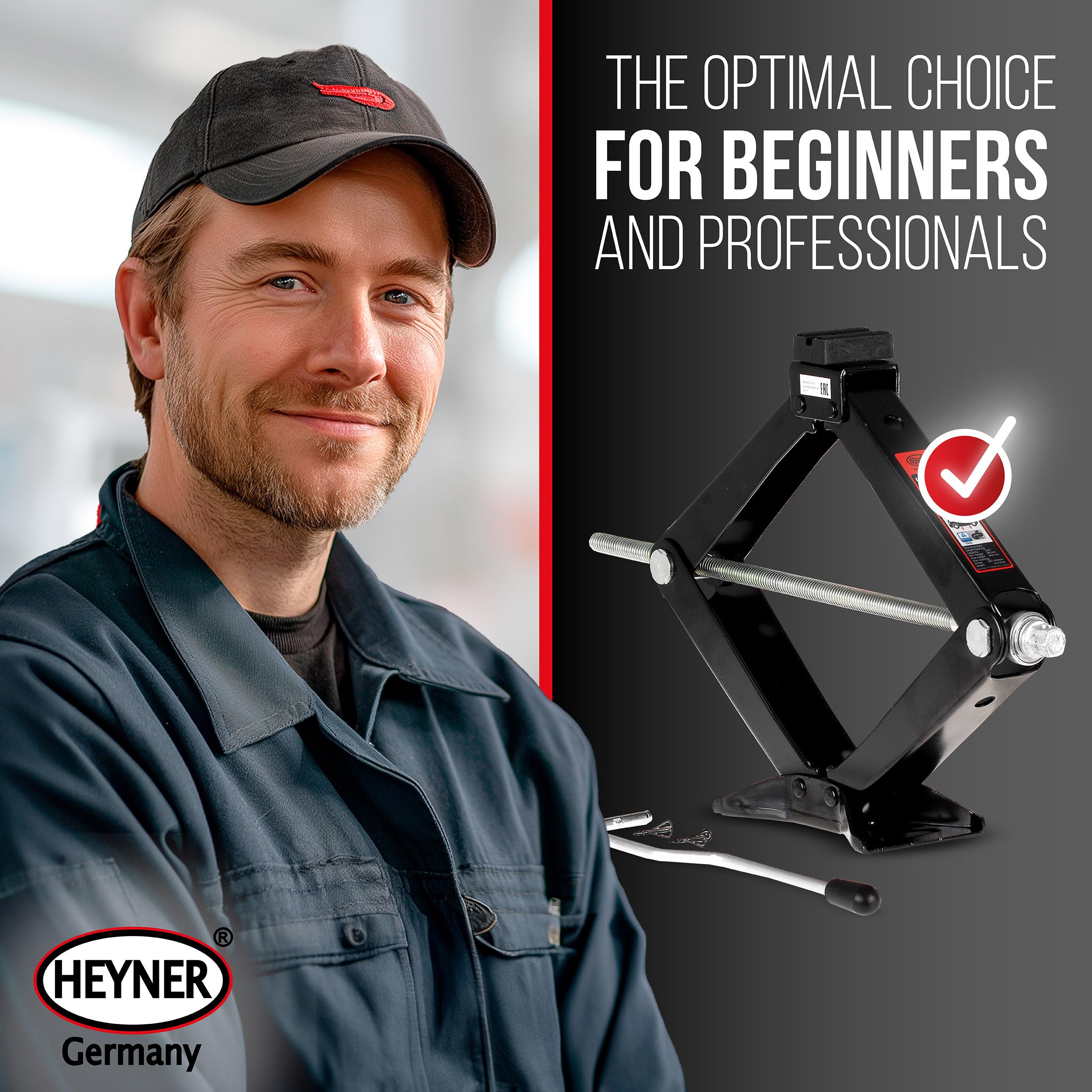 HEYNER Cric a forbice, TÜV & GS, cric con manovella e cuscinetto in gomma, 2 t per SUV/auto, con custodia