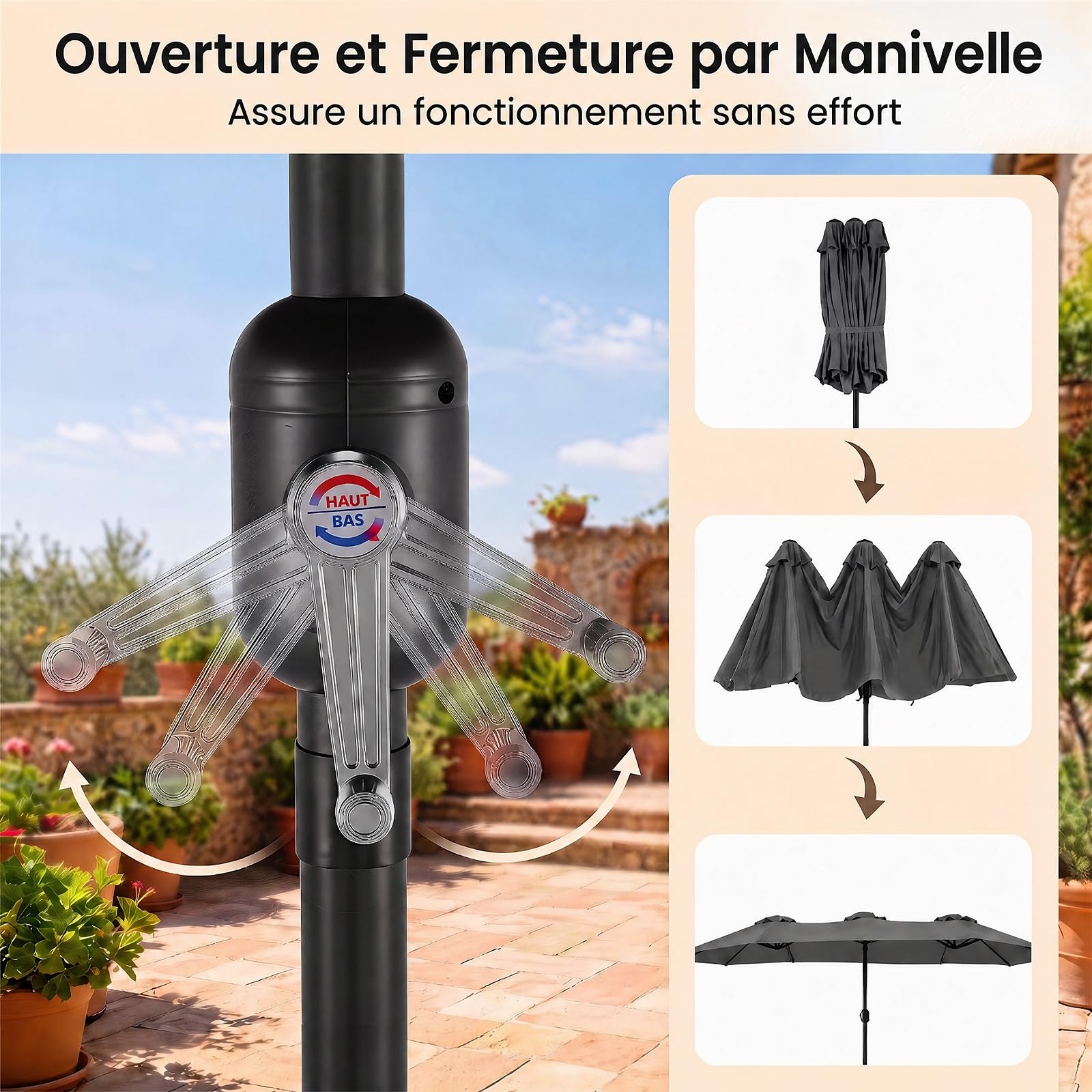 RELAX4LIFE Grand Parasol Double 4x2 M, Grand Parasol de Jardin Extérieur avec Manivelle, 12 Baleines, Toile Polyester Hydrofuge, Protection Solaire, Montage Facile pour Terrasse, Piscine (Gris)