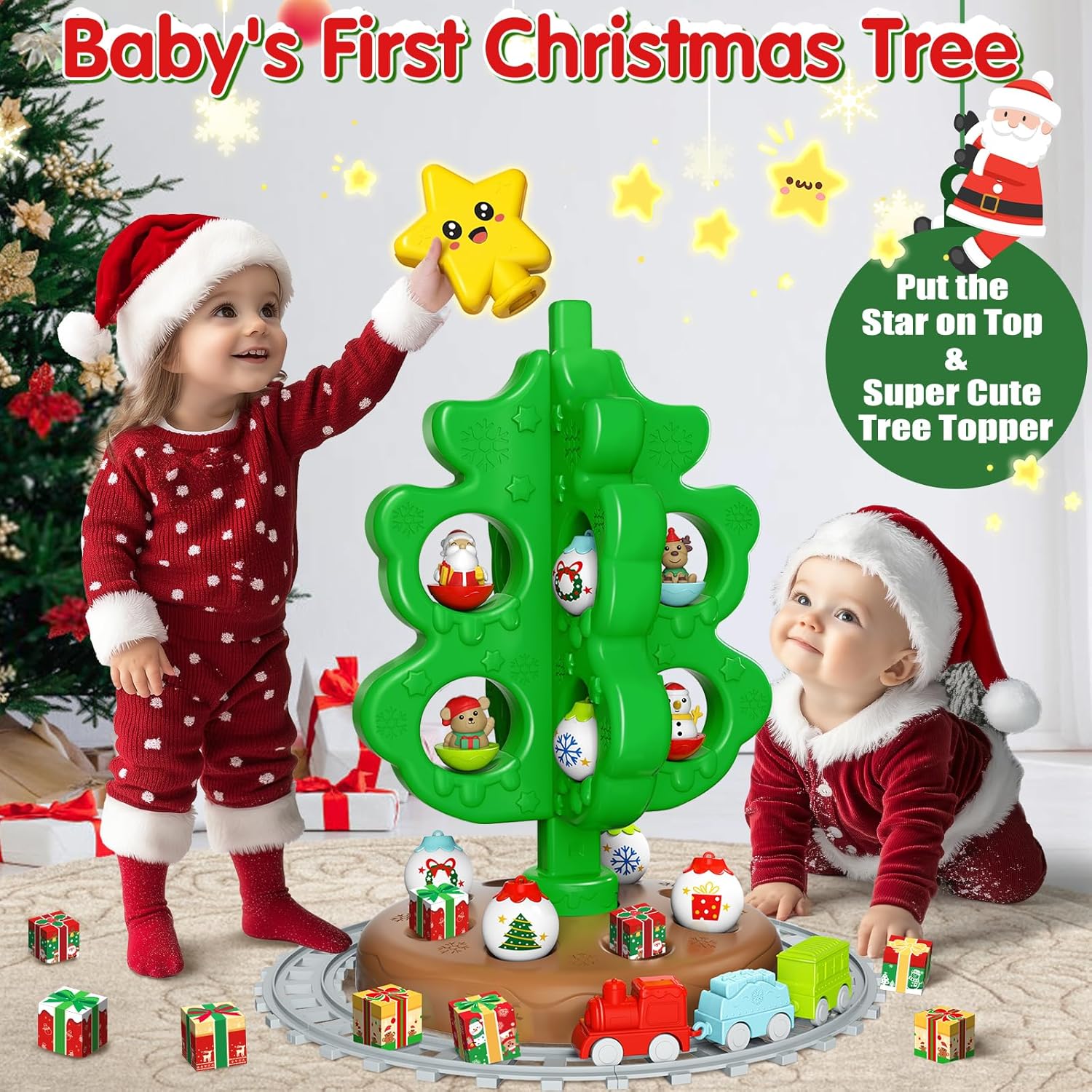 Baby First Mini Christmas Tree for Kids, Learning Toys Colorful Plastic Finger Puppets Snowman/Elk/Santa Tumblers for Toddlers, New Xmas Gifts for Girls Boys, Christmas Decorations Indoor