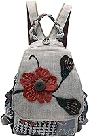 HUANGGUOSHU Women's Boho Cotton Hemp Backpack - Vintage Embroidered Casual Purse, 9 Pockets, Adjustable Straps