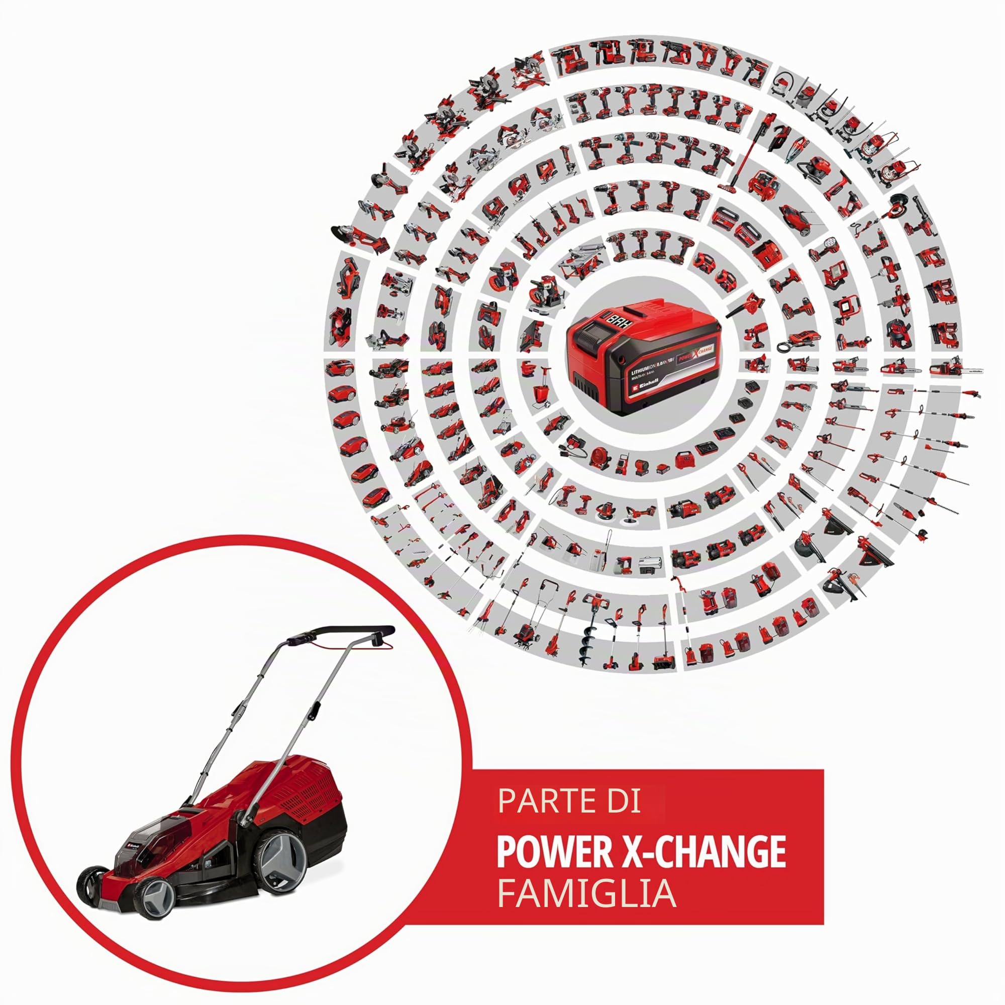 Einhell GE-CM 36/43 Li M - Solo Tagliaerba a batteria Power X-Change (36 V, taglio 43 cm, raccolta 63 L, ruote ant. 160 mm, kit mulching incluso, ruote post. 250 mm, senza batteria e caricabatteria)