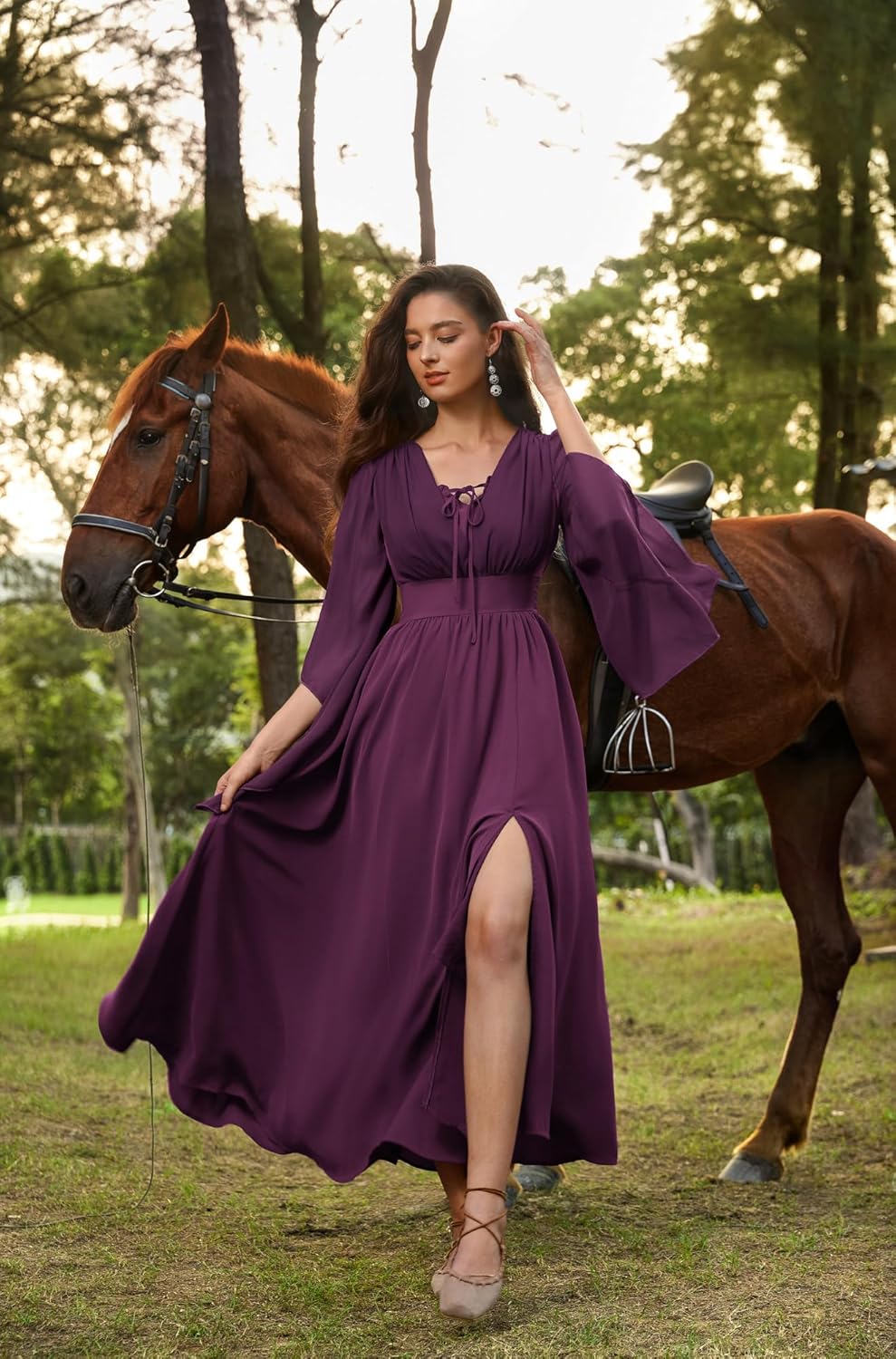 SCARLET DARKNESS Renaissance Dress Women Bell Sleeve Fairy Dresses Witch Costume Split Maxi Dress with Pockets - Image 5