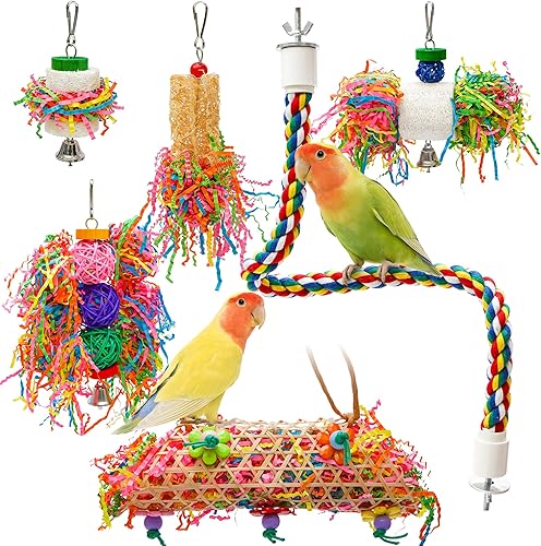 Agroria 6PCS Bird Parrot Foraging Toys with Rope Perch Parakeet Chewing Hanging 