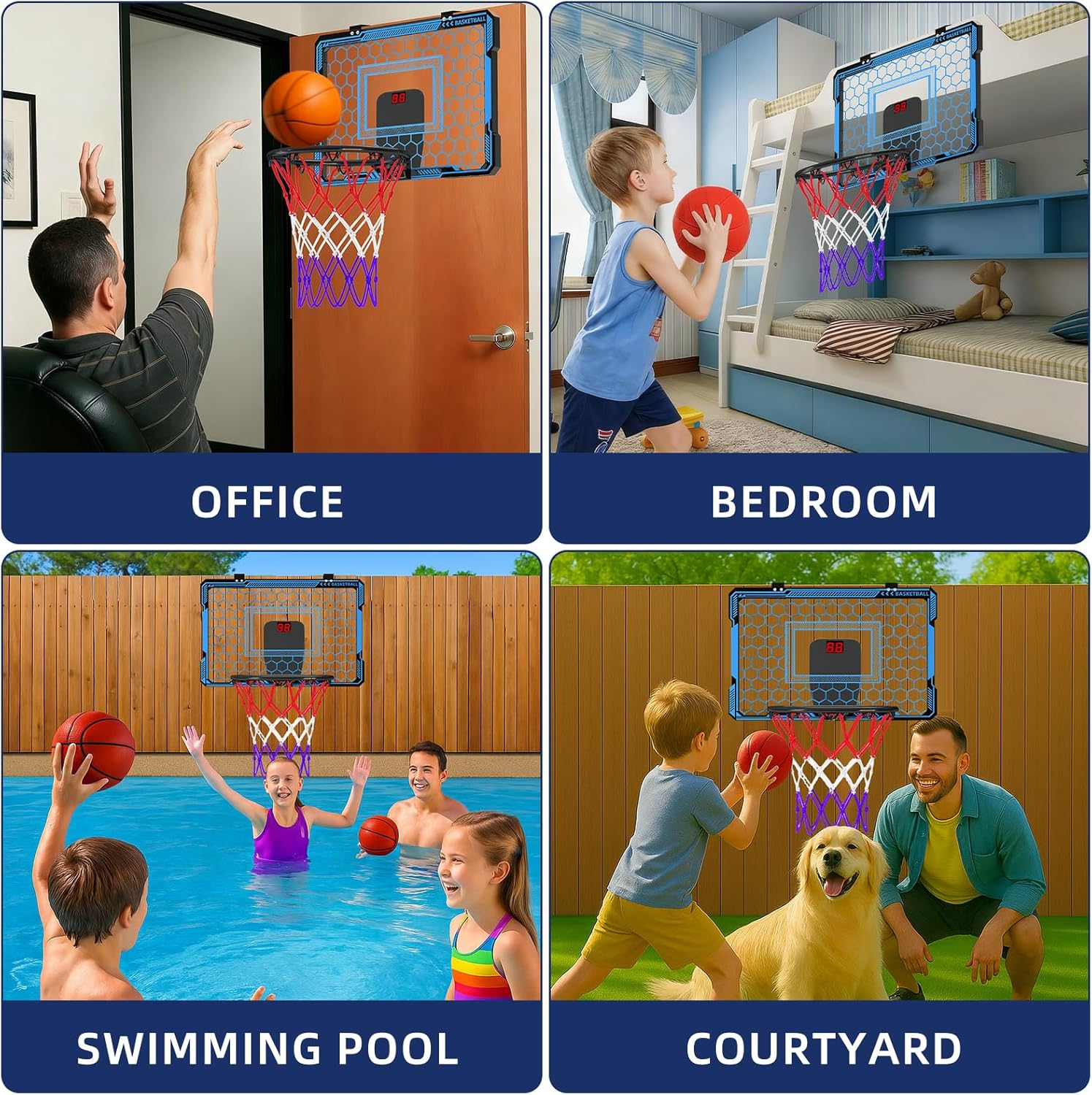 Molutsody Indoor Basketball Hoop for Kids - Over The Door Mini Basketball Hoop with LED Light & Scoreboard, Includes 3 Balls & Air Pump - Basketball Toys Gifts for 4-12 Year Old Boys Girls (Blue)
