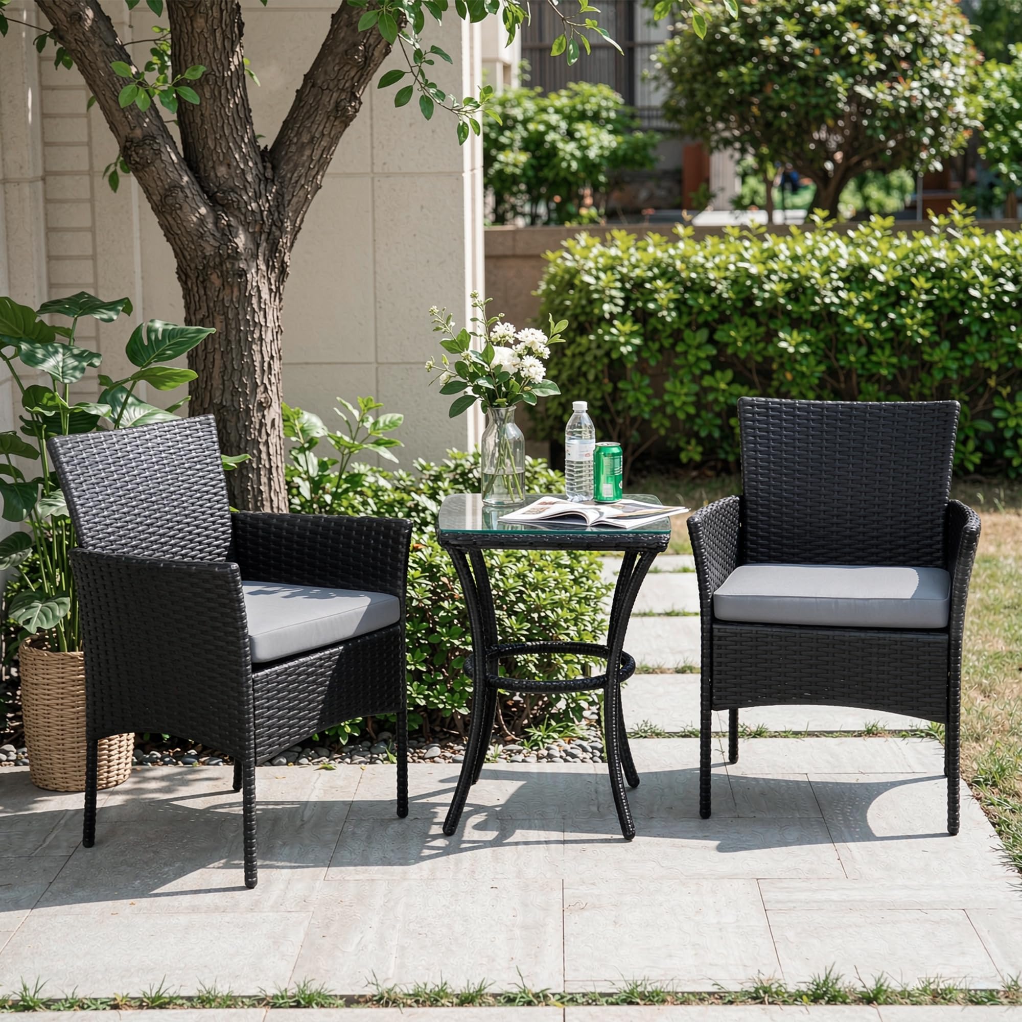 Yaangagpe 3 Pieces Black Rattan Bistro Set for 2 Garden Table and Chairs
