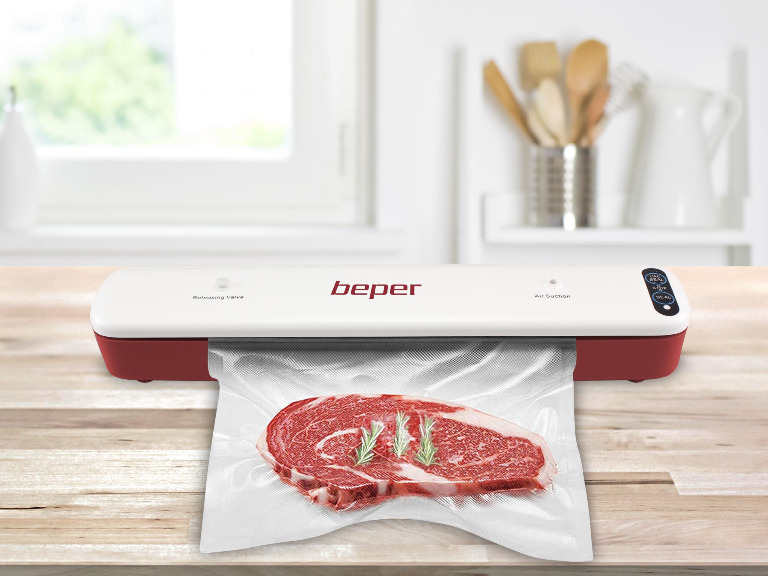 BEPER P102CON001 Machine sous vide avec 5 sacs sous vide, ABS, double opération, ruban d'étanchéité de 30 cm, blanc/gris