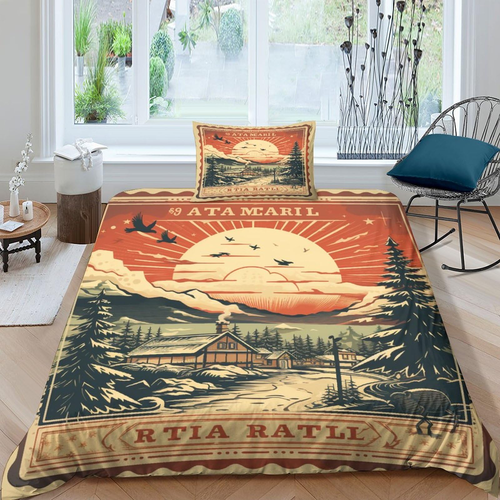 Housse de couette Noël 3D imprimé timbre vintage 135x200cm parure de lit 3 pièces