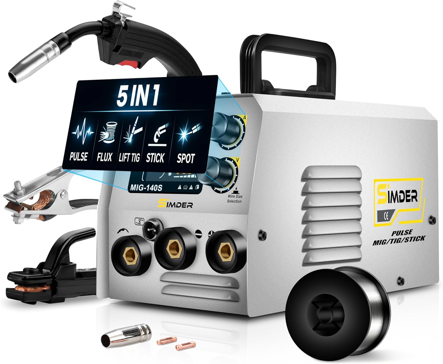SSimder 140A MIG Welder with Pulse 110V 220V Flux Core/Lift TIG/Stick 3 in 1 Welding Machine, SPOT Timer, IGBT Inverter for DIY Auto Repair Farm Home Beginner