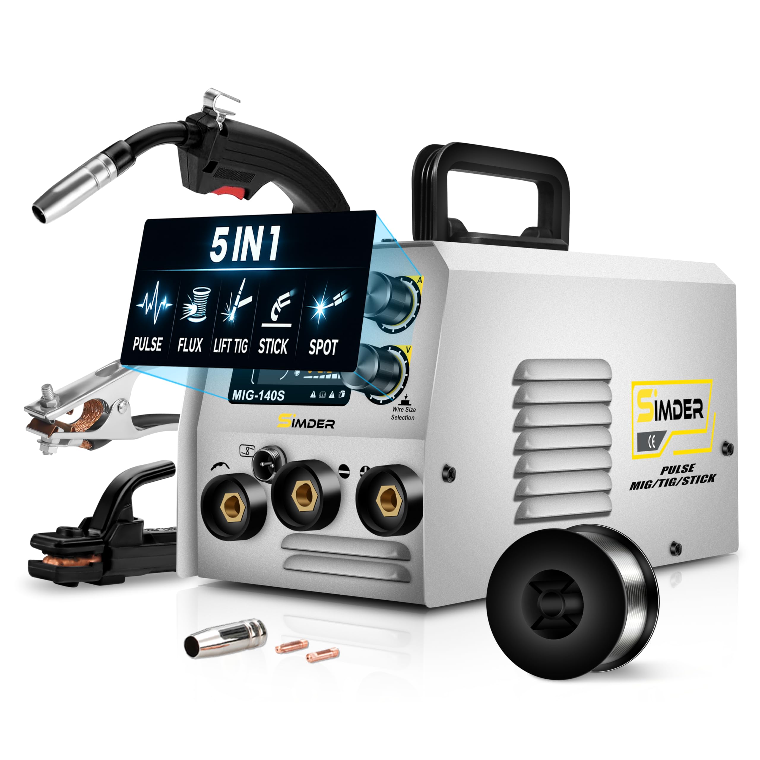 SSimder 5 in 1 MIG Welder, 140A Pulse Spot Dual Voltage Portable