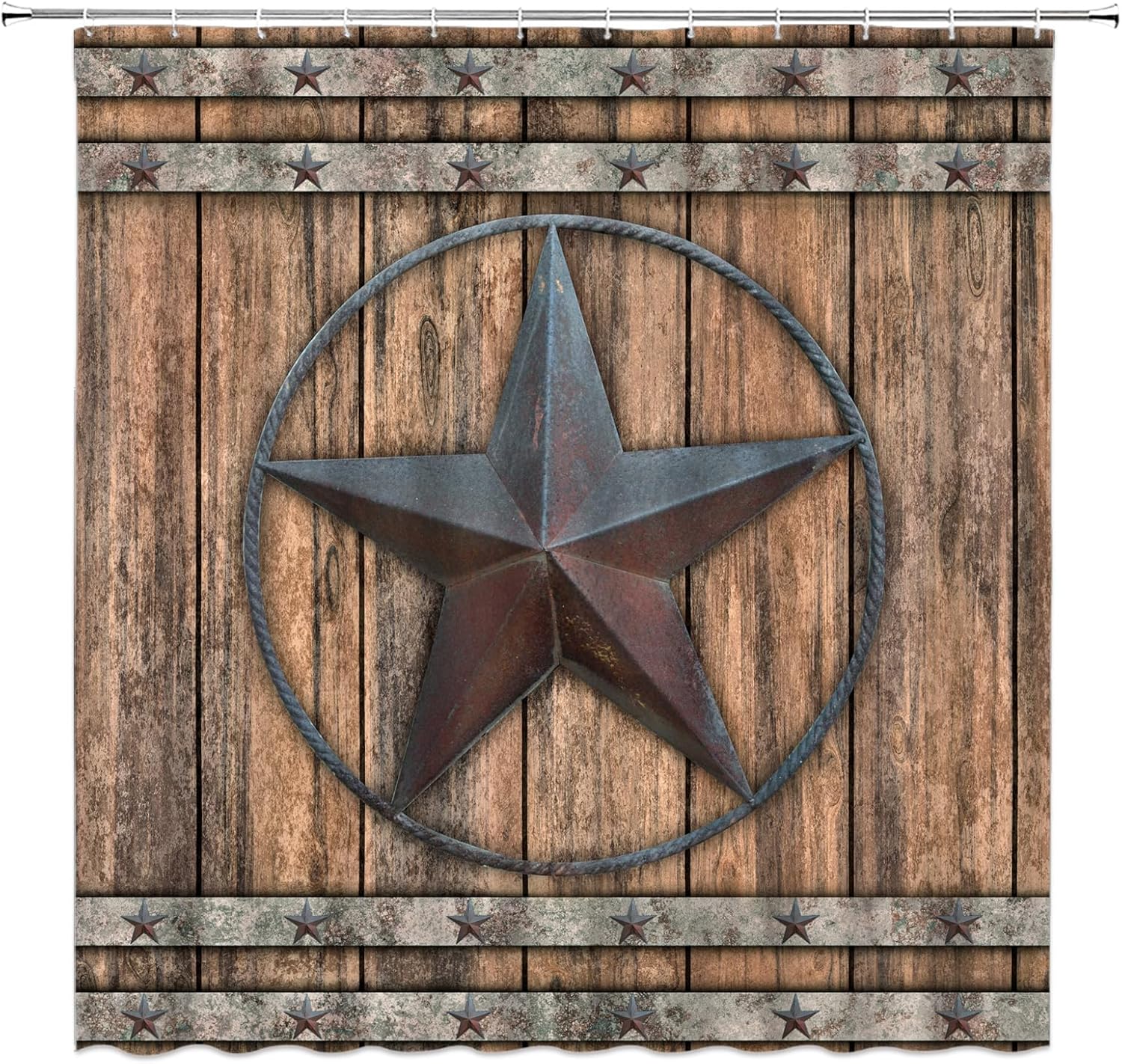 Rustic Wooden Board Extra Long Shower Curtain for Bathroom Decor,Texas Star Barn Door Western Farmhouse Rusty Star Retro Country Primitive Brown Fabric Curtain with Hooks,70x96 Inch