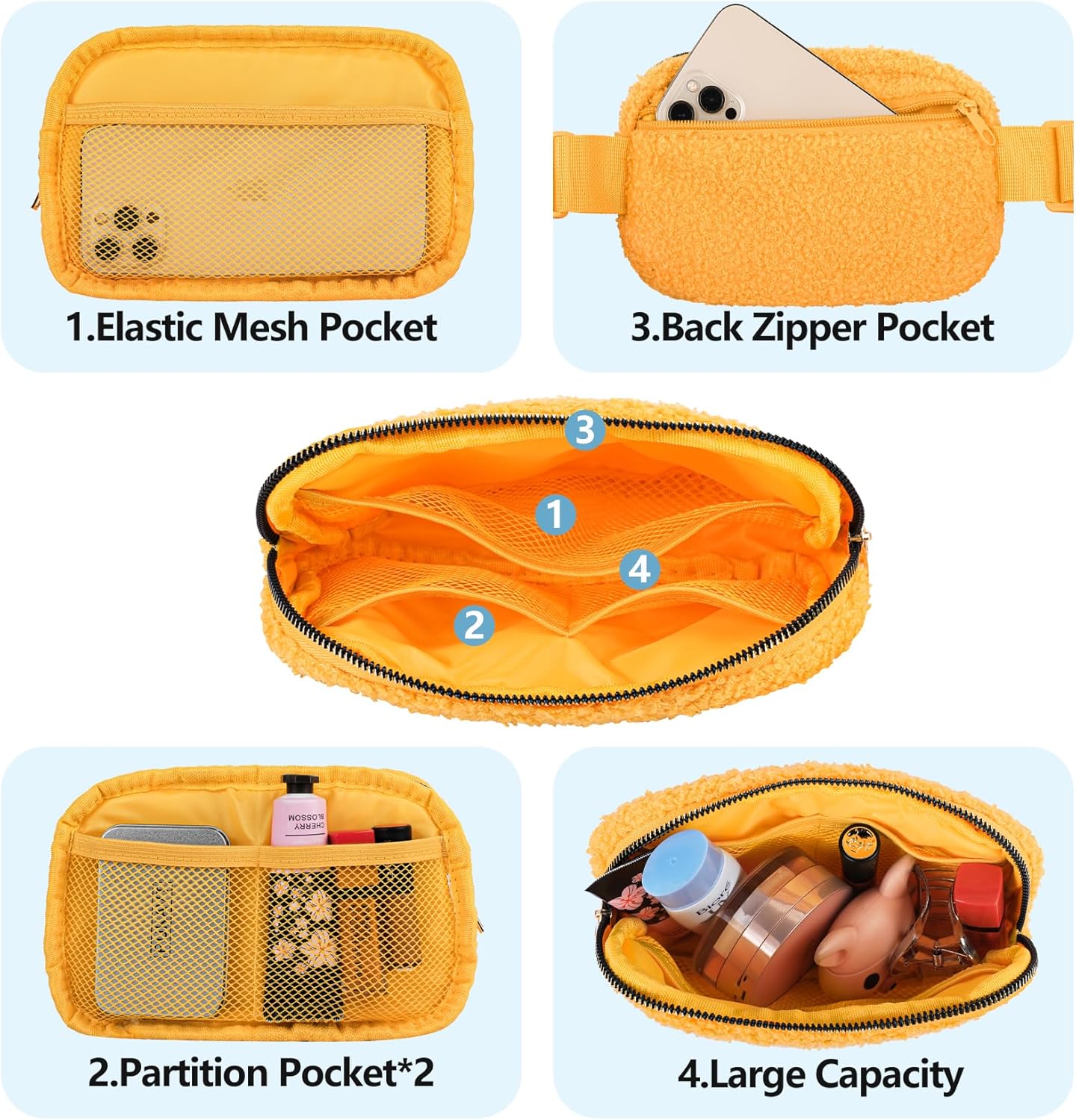 Frenou Fleece Belt Bag with Adjustable Strap for Women and Men Crossbody Fanny Bag Bum Bag Yellow Fleece Fanny Pack Yellow 1 Pack Fleece Fanny Pack