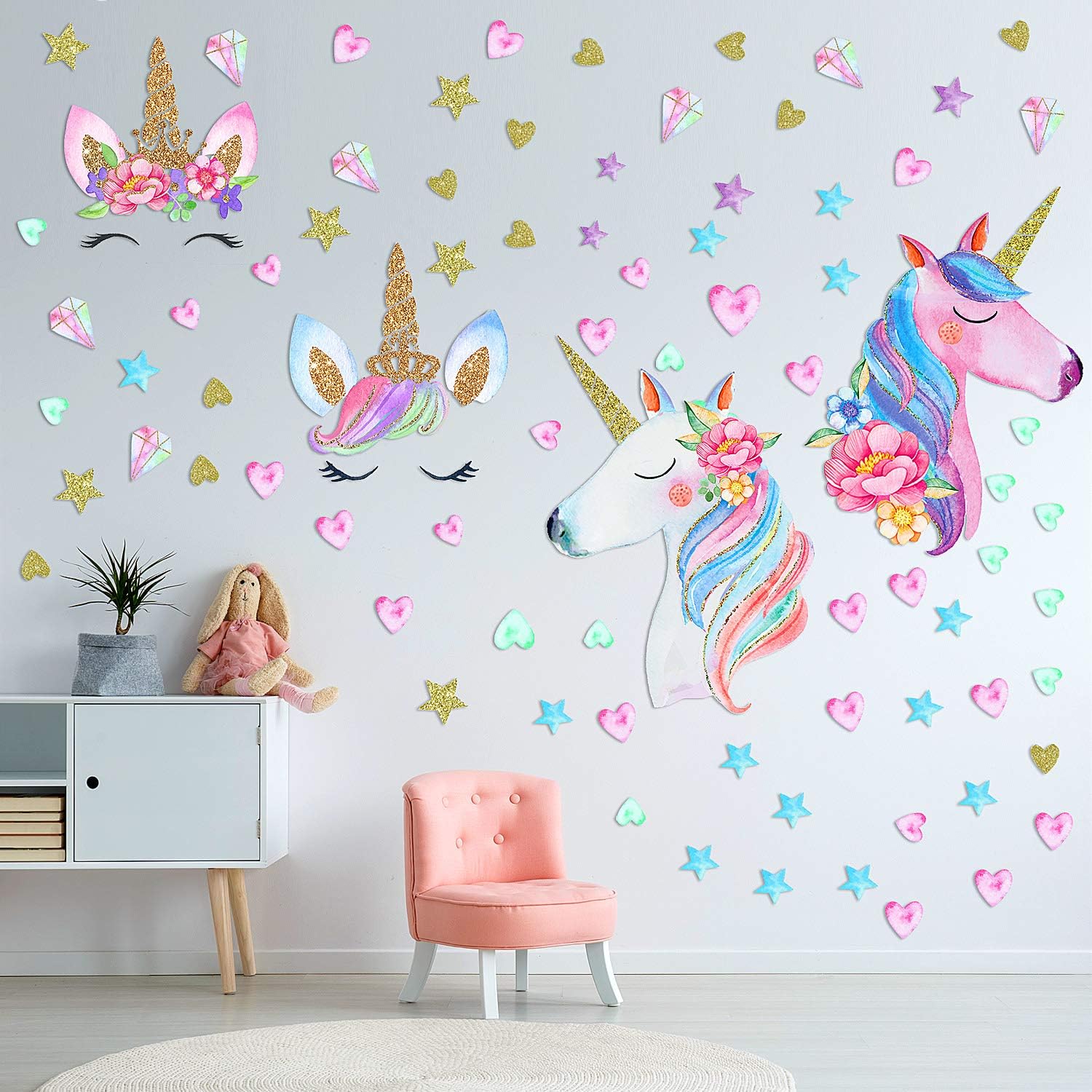 3 Sheets Unicorn Wall Decal Stickers, Large Size Unicorn Wall Decor with Heart and Stars for Girls Kids Bedroom Nursery Christmas Birthday Party Decoration