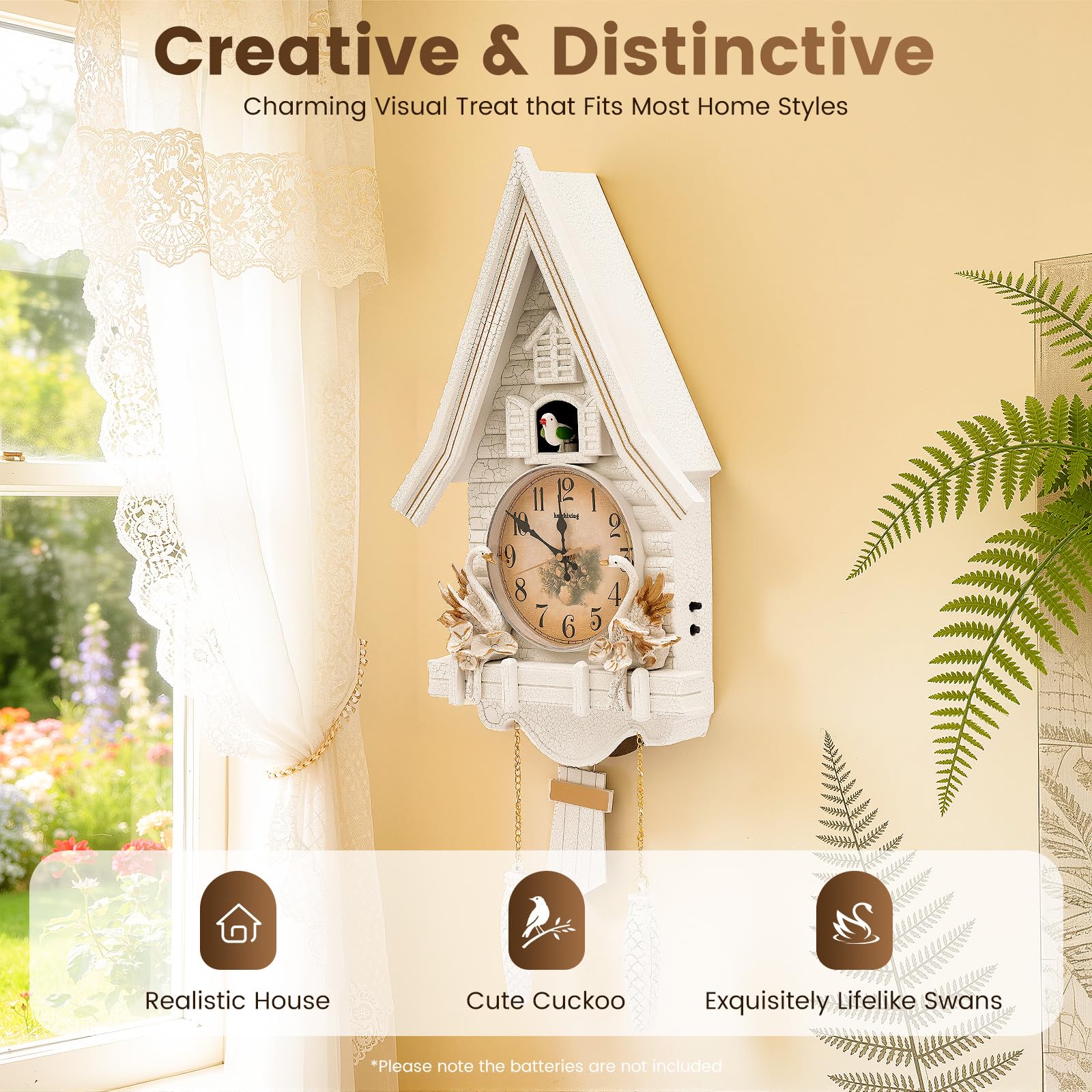 Reloj de cuco silencioso con volumen ajustable, funciona con pilas, para casa, salón, oficina, color blanco
