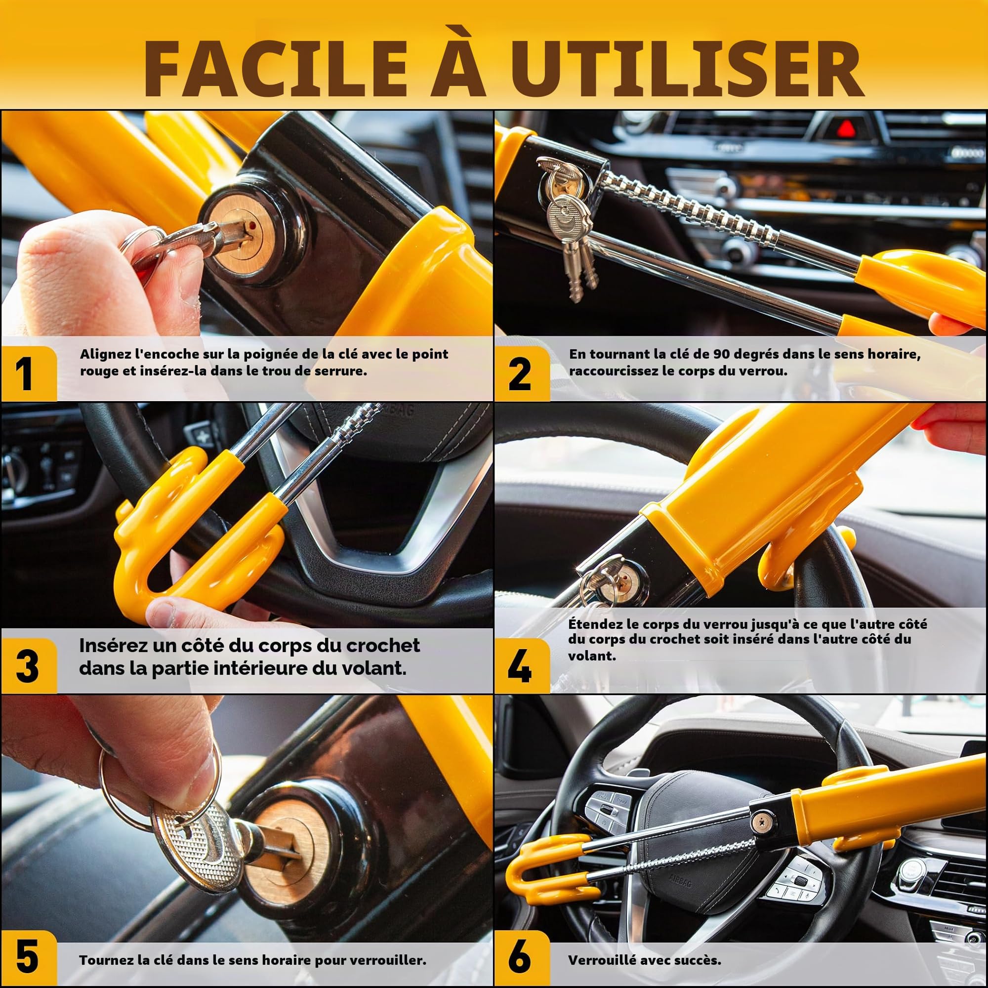 CARTMAN Antivol de volant robuste pour voiture - Dispositif de sécurité de voiture - Grande dissuasion - Réglable - Pour véhicule et camion - Avec 3 clés