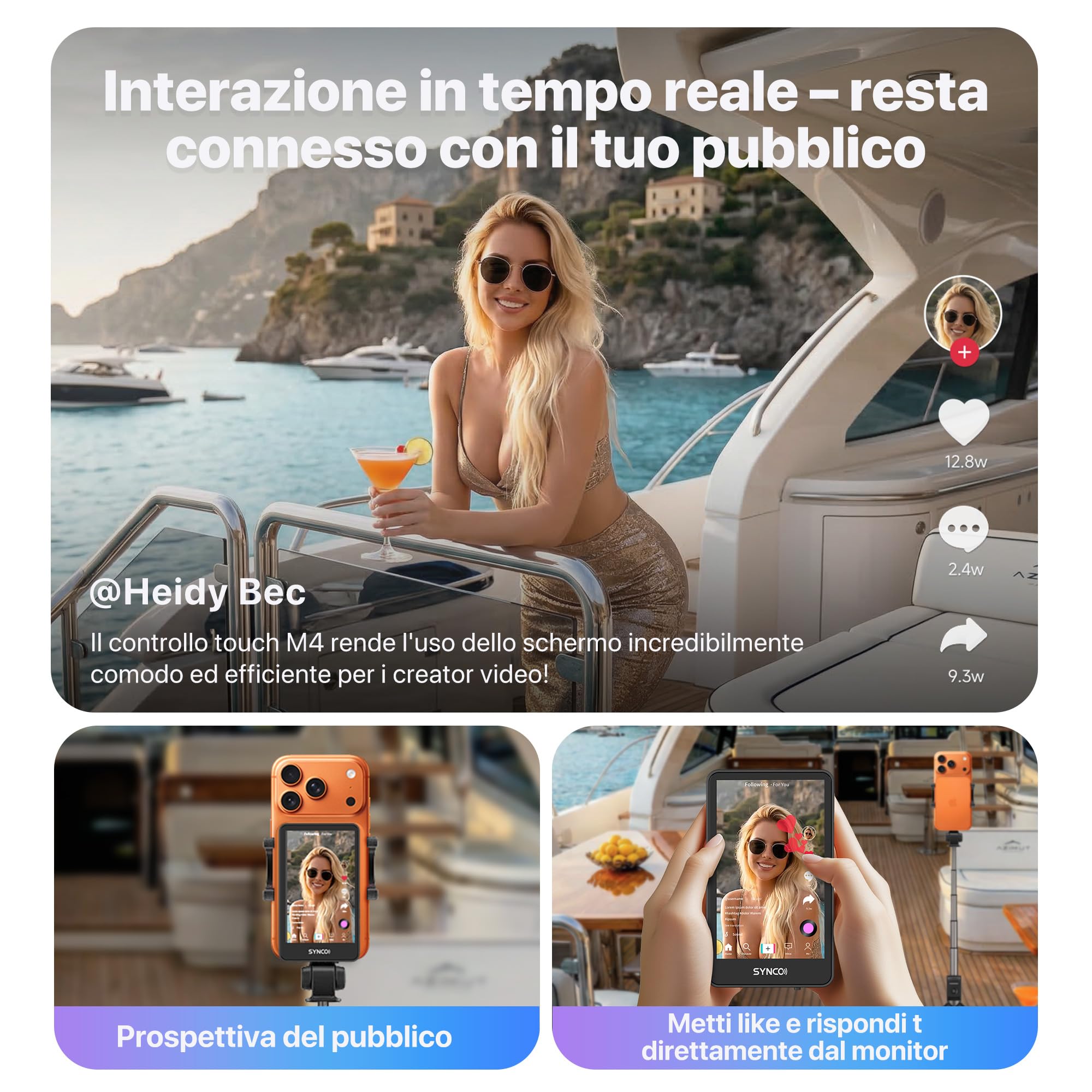SYNCO XView Vlog Selfie Monitor Schermo con Touchscreen per iPhone 7-17 & Samsung, Wireless Magnetico Telecamera Posteriore, 164FT, Batteria 3H, Altoparlante per YouTube TikTok Live (Nero)