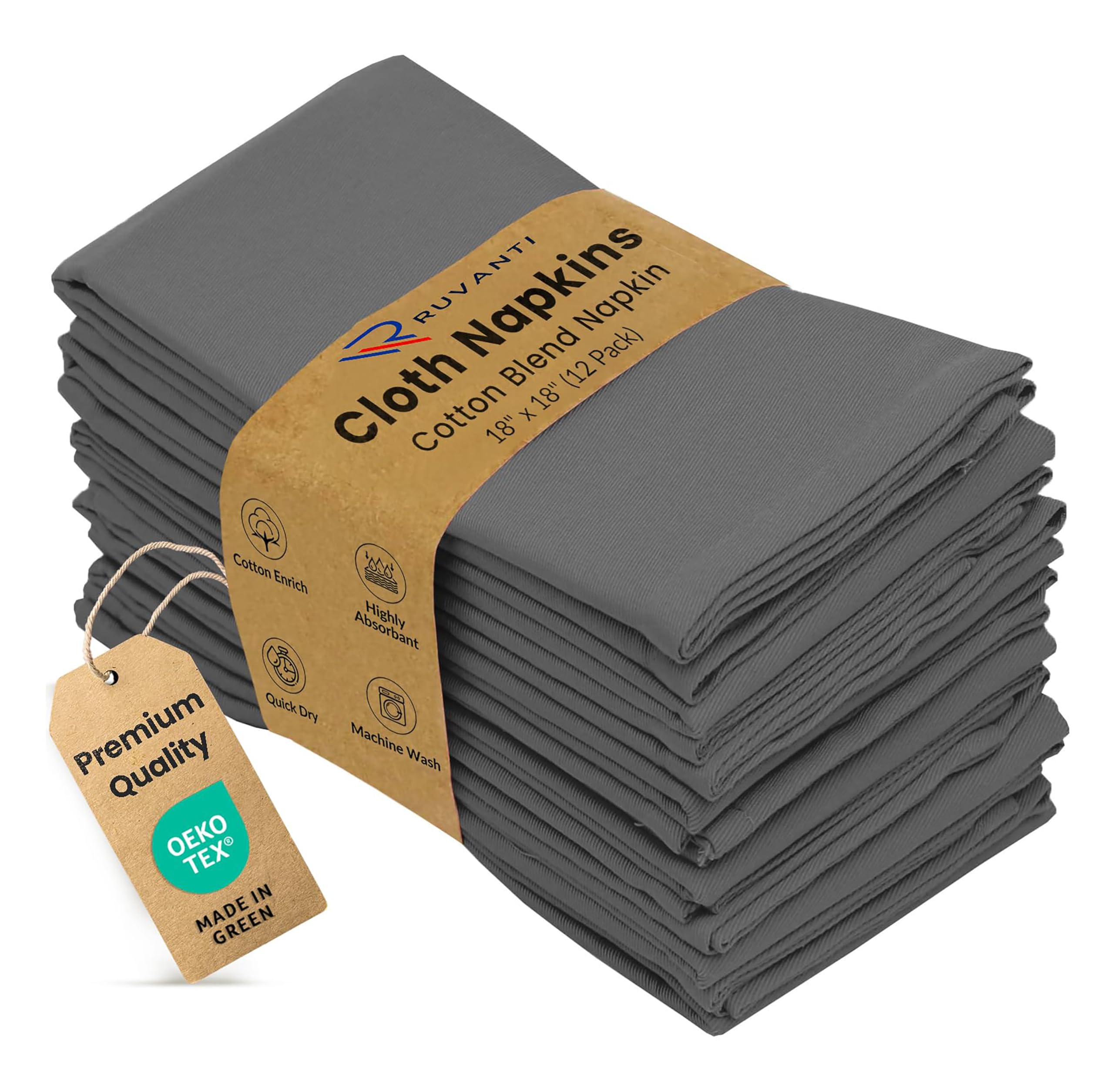 Ruvanti Cloth Napkins Set of 12, Cotton Enrich 18”x18” - Charcoal Grey
