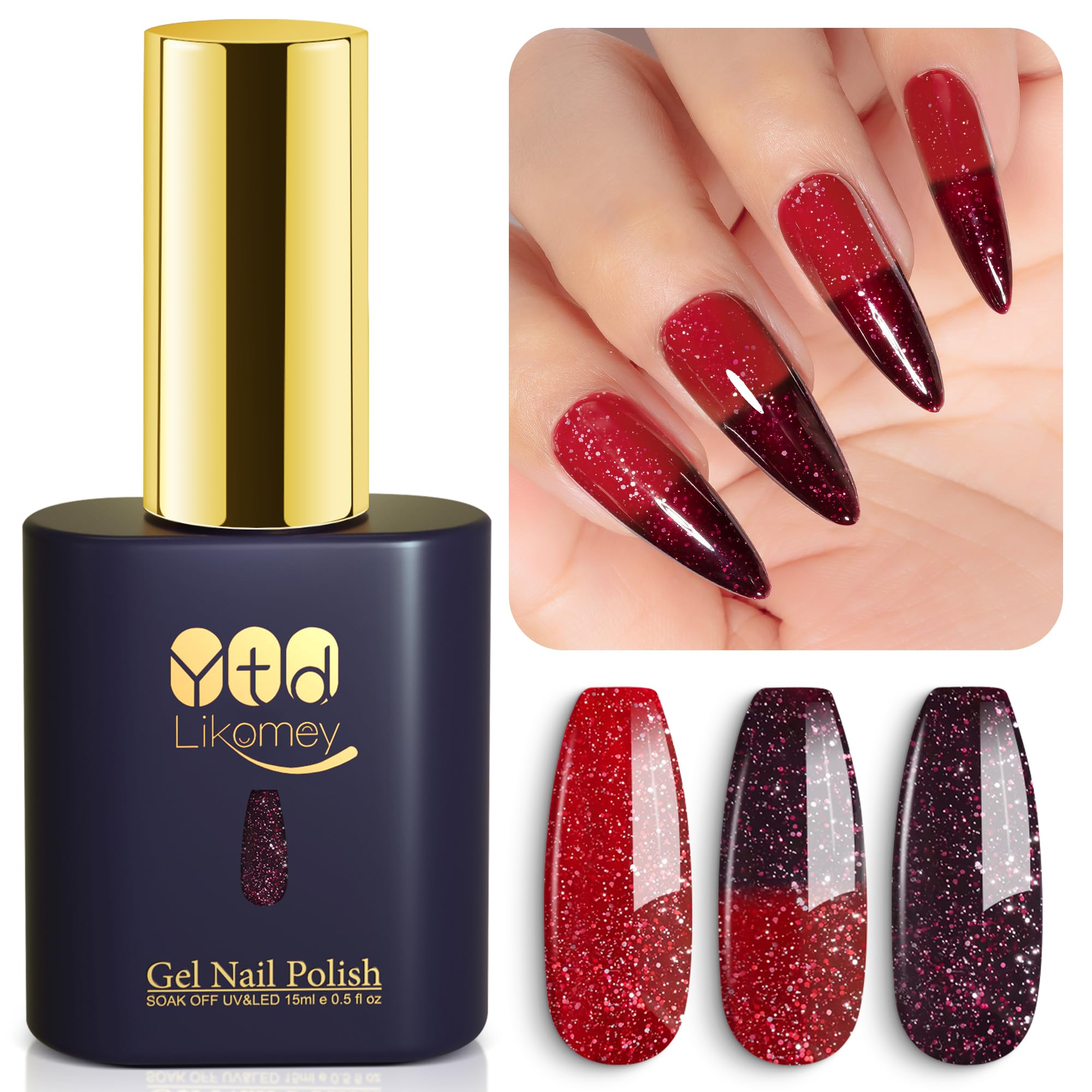 YTD Likomey Color Changing Gel Nail Polish,15ml Red To Dark Cherry Red Glitter Mood Temperature Change Colors Fall Winter Thermal Ombre Manicure Shimmer UV Vernis,HEMA Free TPO Free,WB504