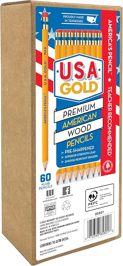 Cra-Z-Art U.S.A. Gold Pre-sharpened American Wood Cased #2 HB Yellow Pencils, 60 Pack