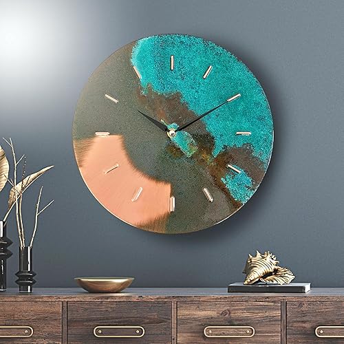 Miniatura 2 de Reloj de pared moderno de 12 pulgadas, color turquesa, azul y verde, pátina de cobre real, sin tictac, funciona con pilas, para decoración de pared