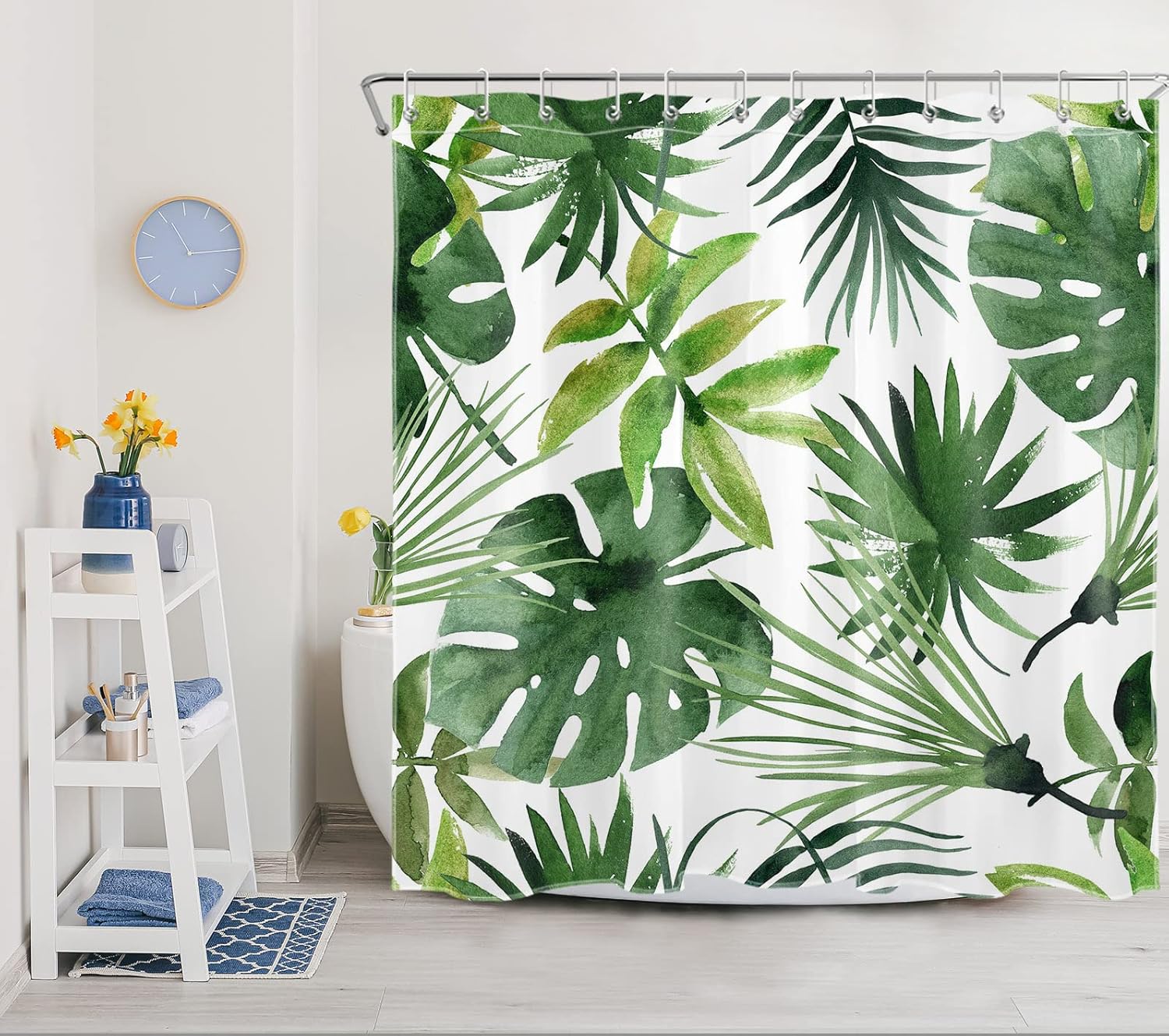 HVEST Tropical Leaves Shower Curtain, Green Jungle Banana
