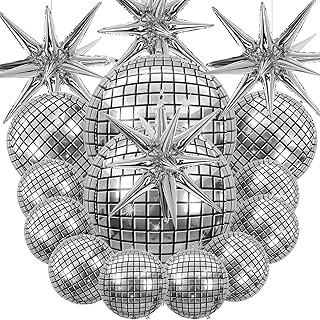 16 PCS Disco Ball Balloons Different Sizes- 4D Large Disco Balloons Explosion Star Aluminum Foil Balloons 10 Inch 15 Inch 22 Inch Assorted Metallic Silver Disco Balloons for Disco Party Supplies