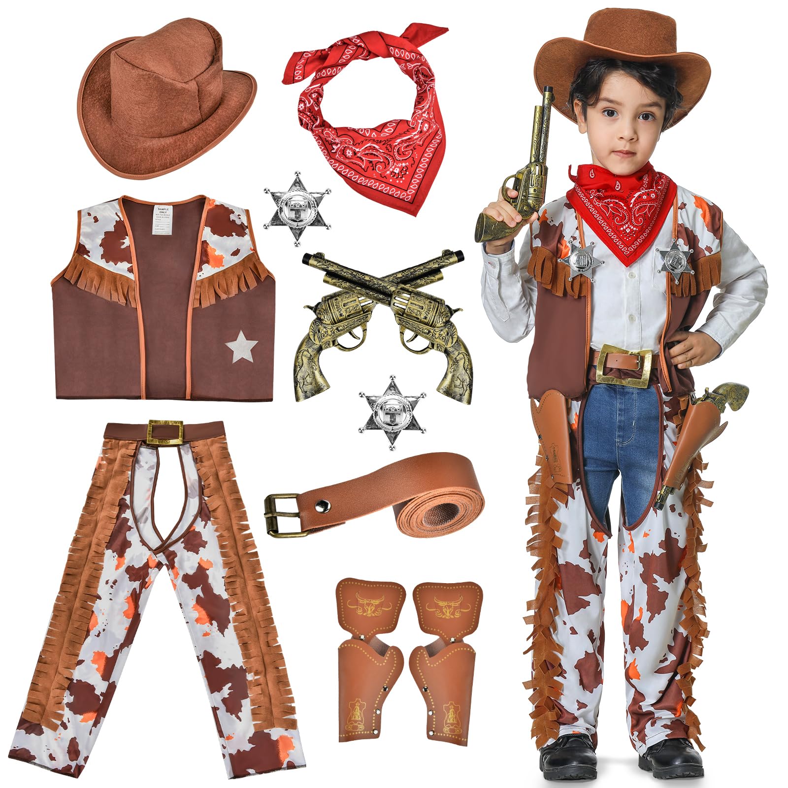 WELLCHY Disfraz Vaquero Niño, 11 Piezas Disfraz Cowboy Costume Niño con Sombrero Vaquero, Pañuelo Vaquero, Cinturón, Insignias para Carnaval, Fiesta Cosplay
