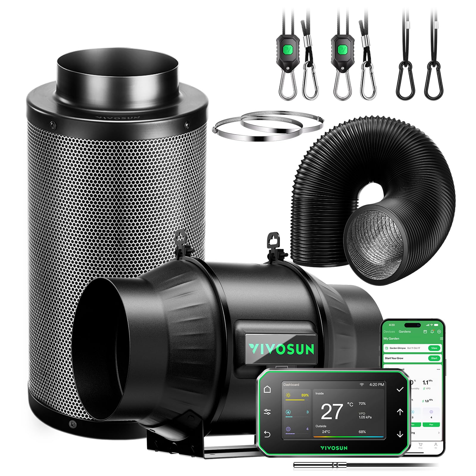 VIVOSUN Smart Air Filtration PRO T6 Zestaw 15 cm, AeroZesh T6 Wentylator kanałowy z GrowHub E42A+ kontrolerem Temp. Wilgotność WiFi, filtr węglowy & kanalizacja, system chłodzenia & wentylacji do