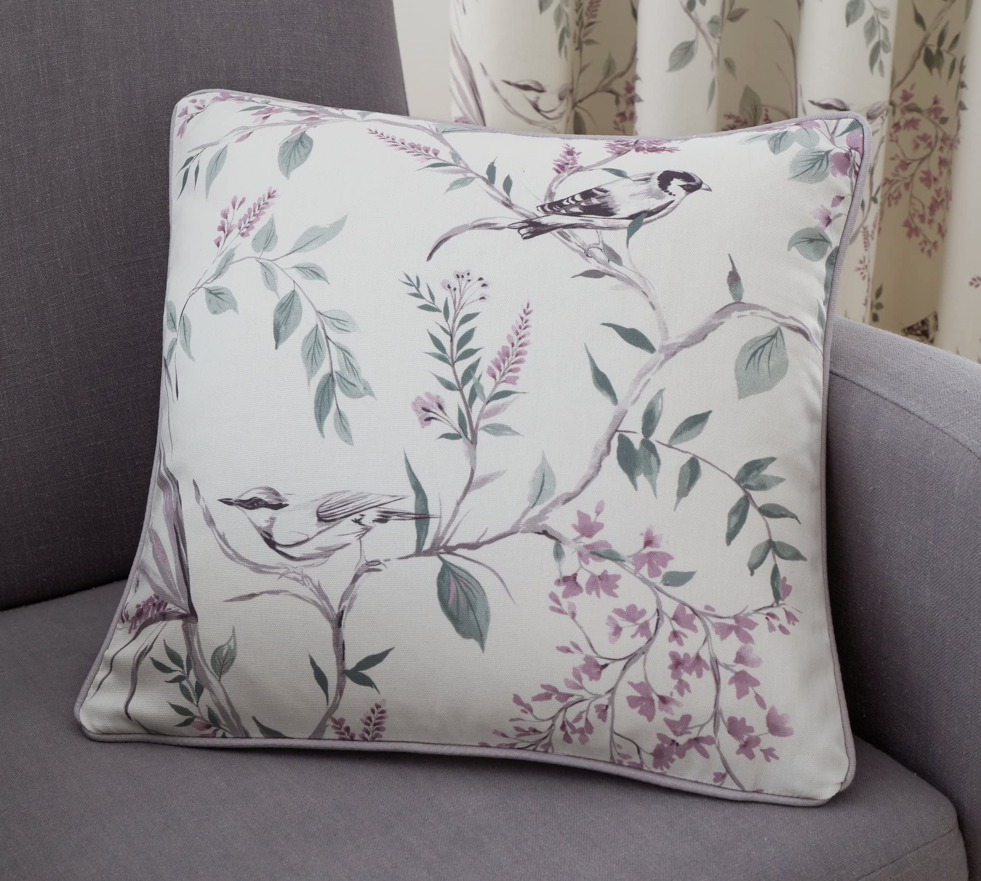 Dreams & Drapes Heather - Natural Floral & Bird Cushion (43 X 43Cm) - Filling Included - 100% Cotton - Piped Edge - Purple Lavender Cushion With Cover Included/Cushion Insert - Matching Curtains Available
