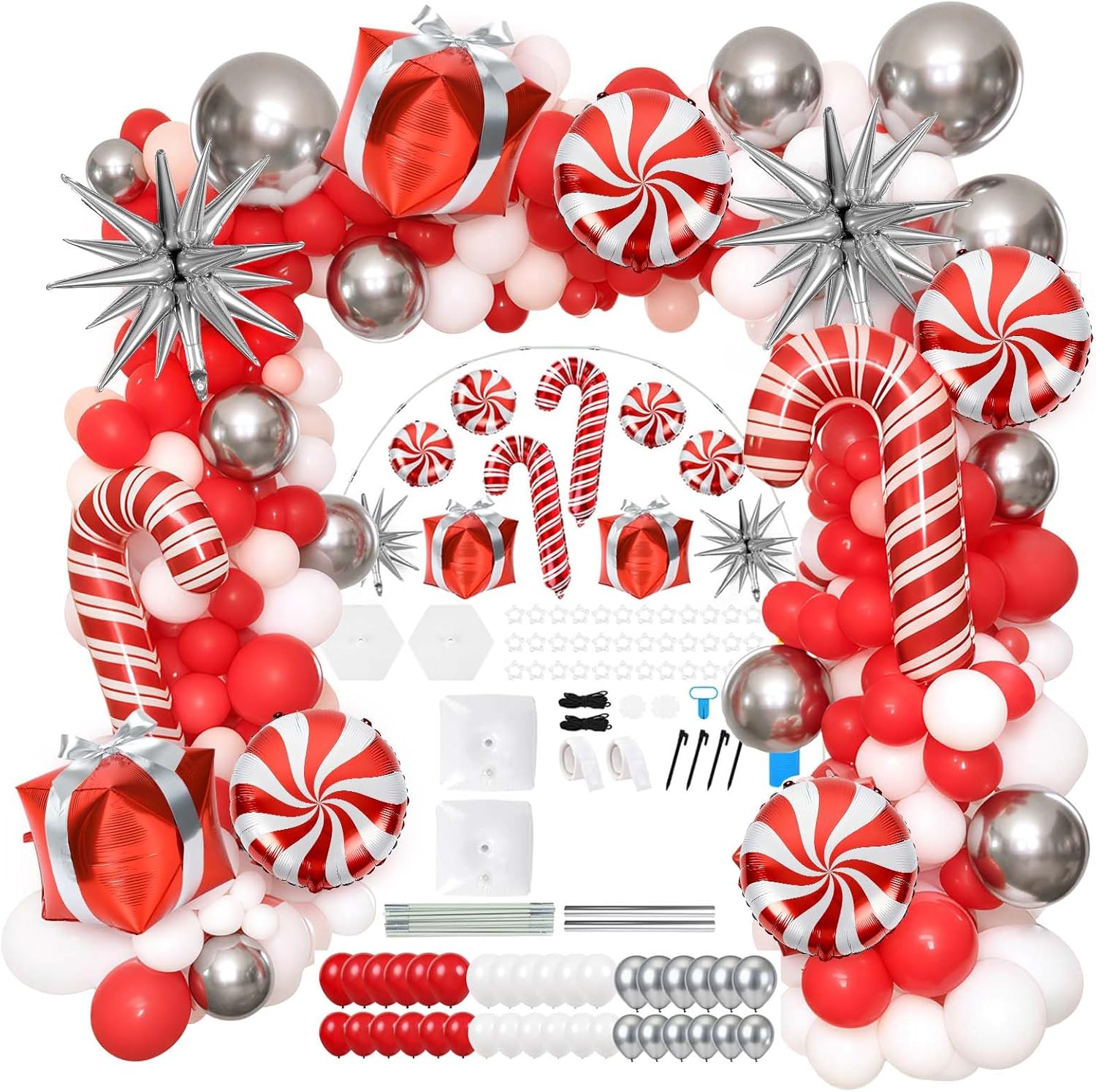 Christmas Balloon Garland Arch Kit Red White Sliver Balloon Column Stand Set with Candy Cane Gift Box Aluminum Foil Balloon For Xmas Winter Holiday Birthday Baby Shower Party Decorations 1 Sliver Candy