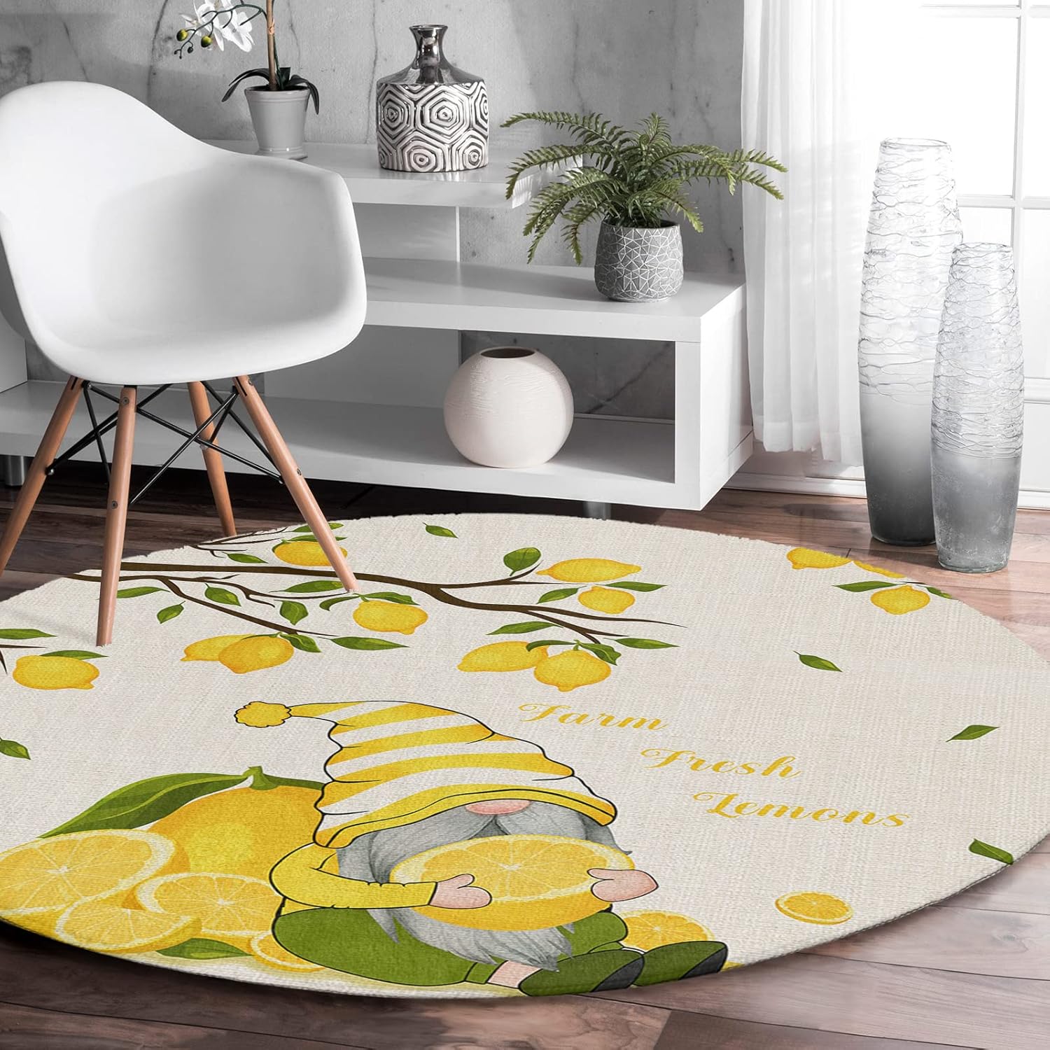 Farmhouse Soft Shag Round Area Rug Rural Lemons Gnome and