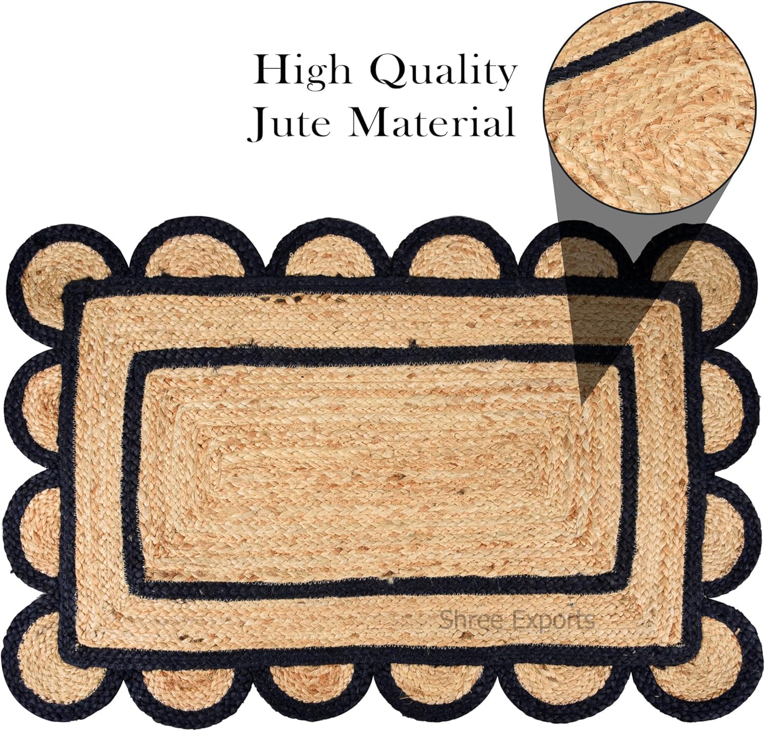 Shree Exports Hand Woven Farmhouse Jute Area Scalloped Rug Natural Base Black Trim (Black, 2x3 Feet)