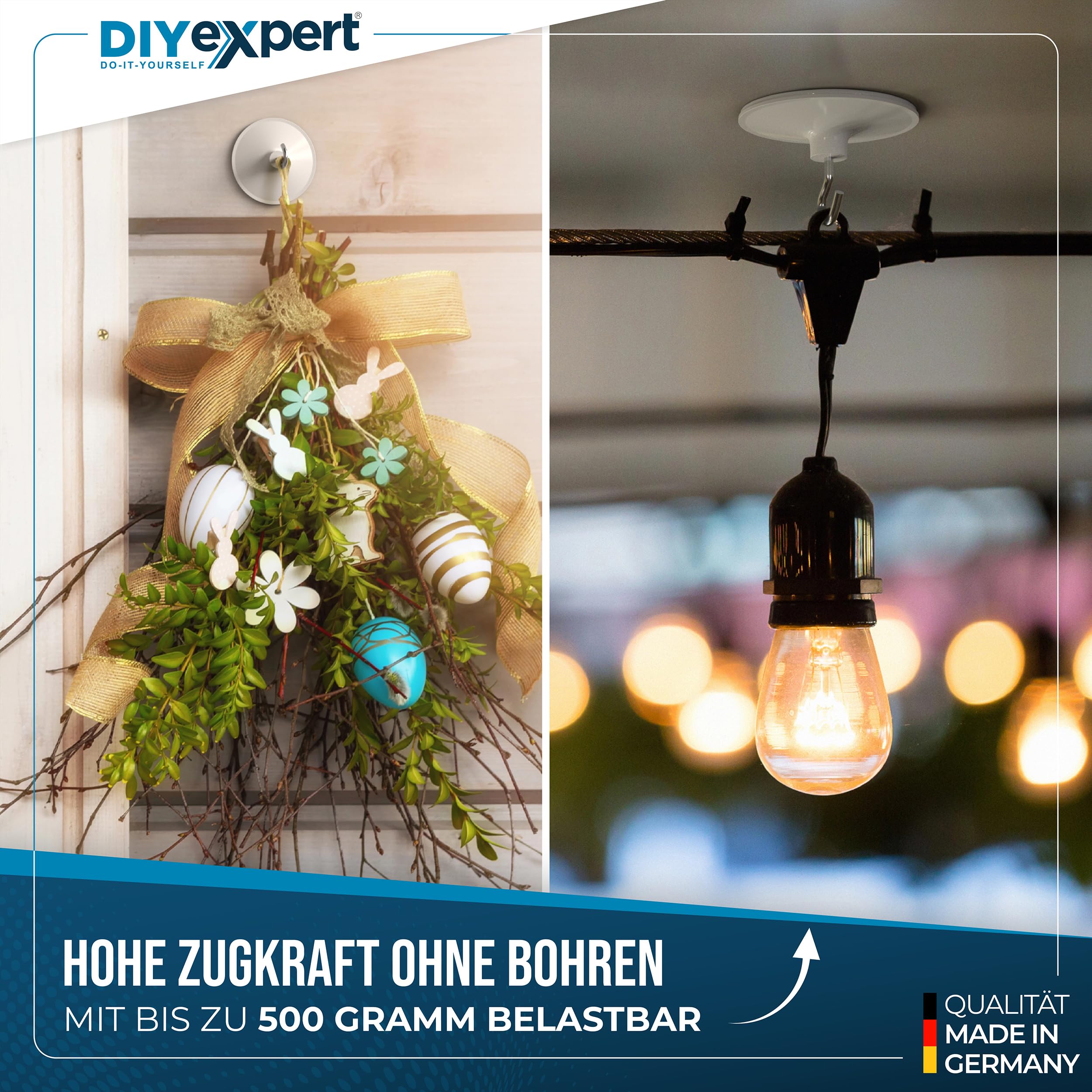 DIYexpert haki sufitowe samoprzylepne | wykonane w Niemczech | [z uchwytami] [4 sztuki] | bardzo mocne klejone haki sufitowe | wieszaki ścienne bez wiercenia