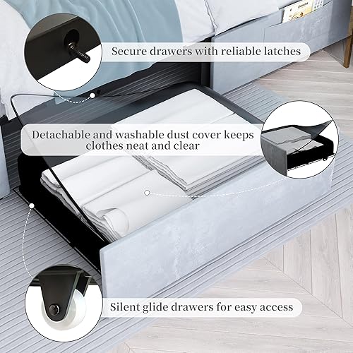 Miniatura 4 de Marco de Cama Queen con LED con 2 cajones, Marco de Cama con Plataforma Tapizada de Servicio Pesado tamaño Queen con almacenamiento y cabecera Negro