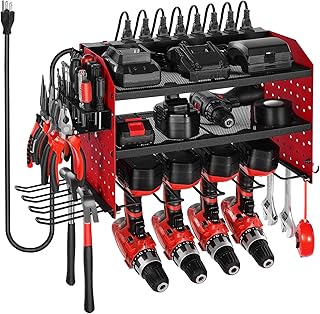 Power Tool Organizer with Charging Station, 3-Layer Drill Storage Rack with 4 Drill Holders & Side Pegboard, Garage Tool Organizer Built in 8 Outlet Power Strips for Garage, Workbench, Workshop