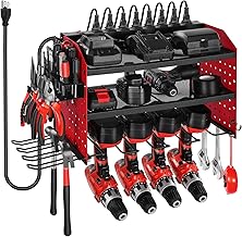 VEVOR Power Tool Organizer with Charging Station, 3-Layer Drill Storage Rack with 4 Drill Holders & Side Pegboard, Garage Tool Organizer Built in 8 Outlet Power Strips for Garage, Workbench, Workshop