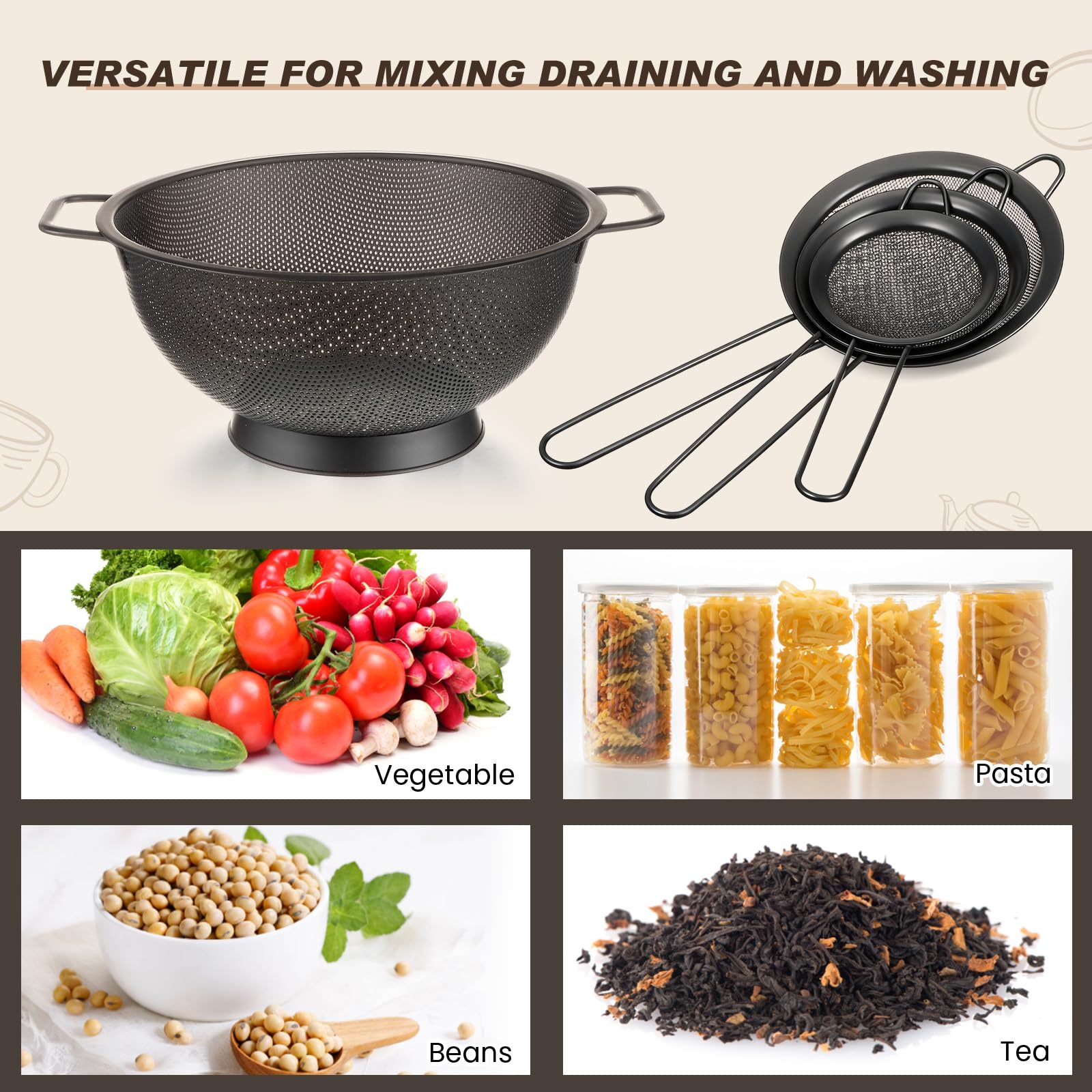 Norme 4 Quart schwarzes Sieb und 3 feinmaschige Metallsieb-Set