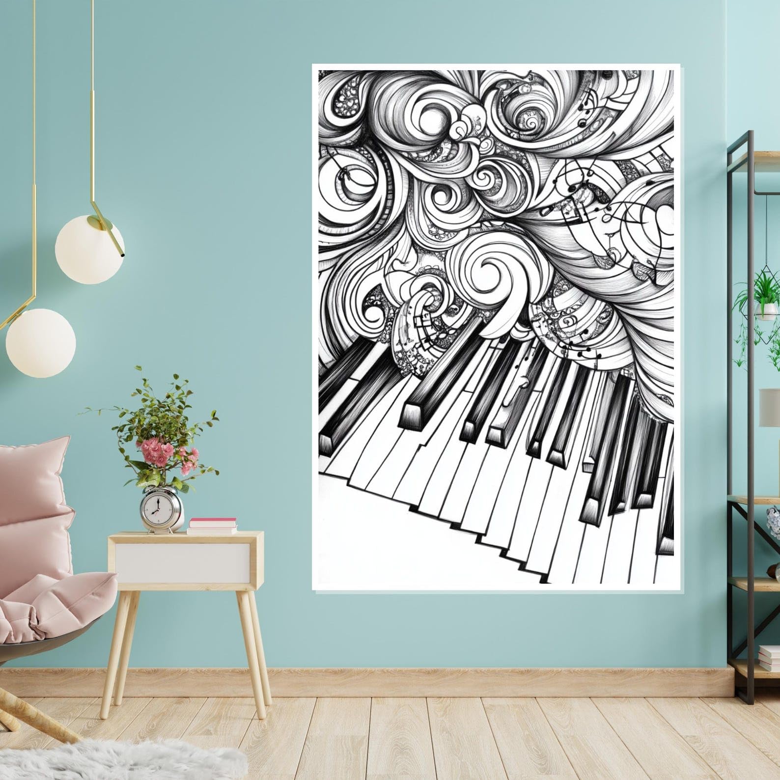 CAOXTART Abstrakcyjny obraz na płótnie z klawiszami fortepianu, czarno-biały plakat muzyczny i wydruki, monochromatyczna sztuka ścienna, kreatywny design (20 x 30 cm / ramka wewnętrzna)