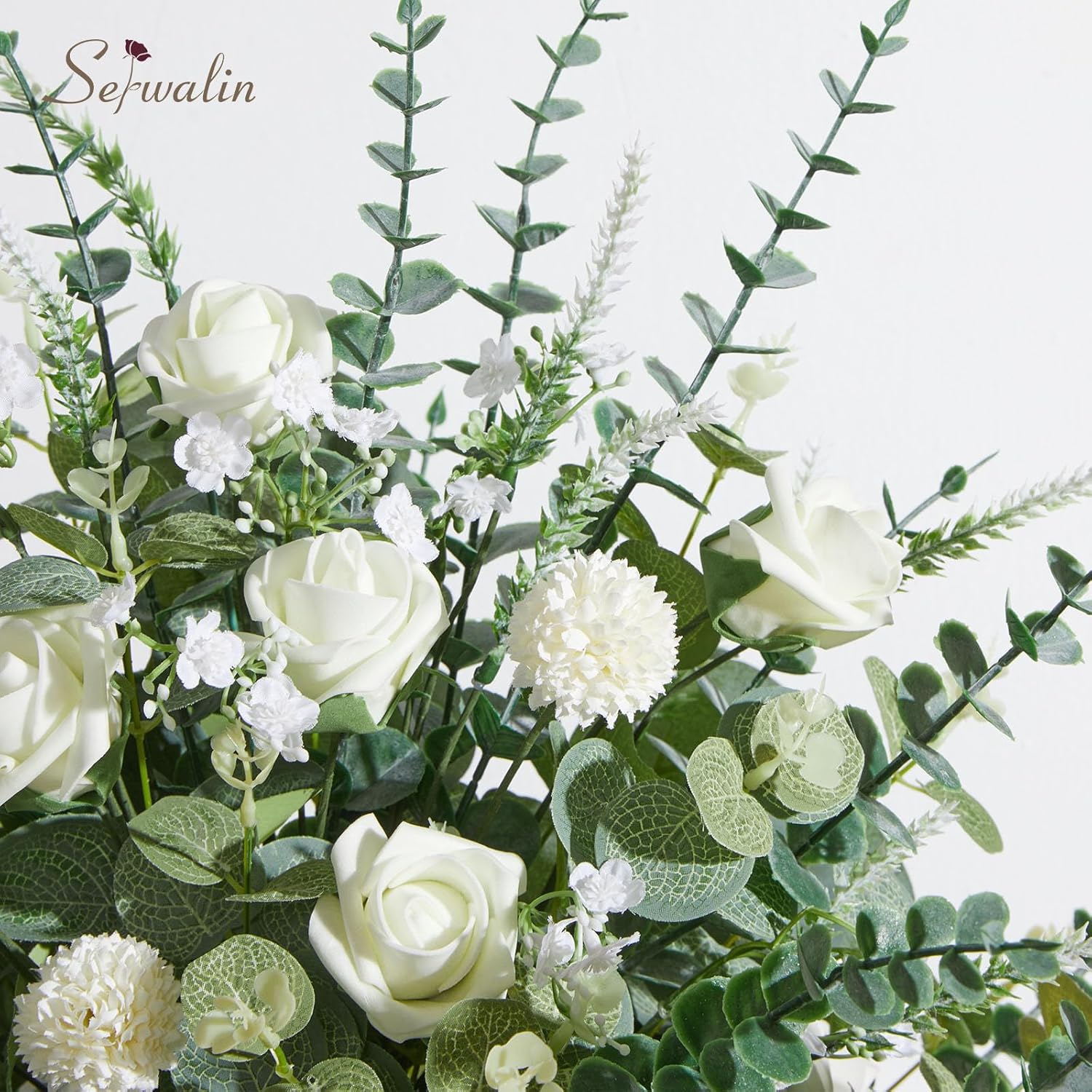Serwalin 100 Pcs 7 Kinds Mixed Artificial Eucalyptus Leaves Stems Bulk with Flowers Faux Silver Dollar Eucalyptus Stmes Greenery Branches for Wedding Floral Arrangement Centerpieces Home Decor - Image 9