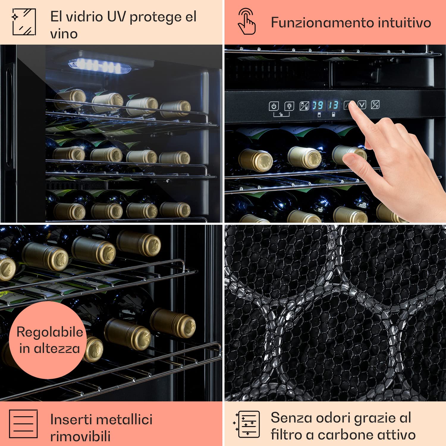 KLARSTEIN Cantinetta Vino Design, Cantinetta Vino Refrigerata a Zona Doppia per Vino Rosso, Bianco e Birra, Controlli Touch, Frigo Vino Cantinetta per Esterno/Interno, 5-22°C, 80L, 29 Bottiglie