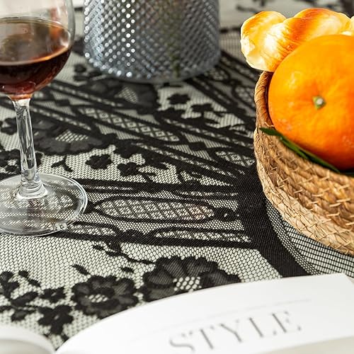 Miniatura 5 de Mantel redondo de encaje negro con estampado clásico y elegante bordado resistente a las arrugas, para banquetes, bodas, fiestas, catering,