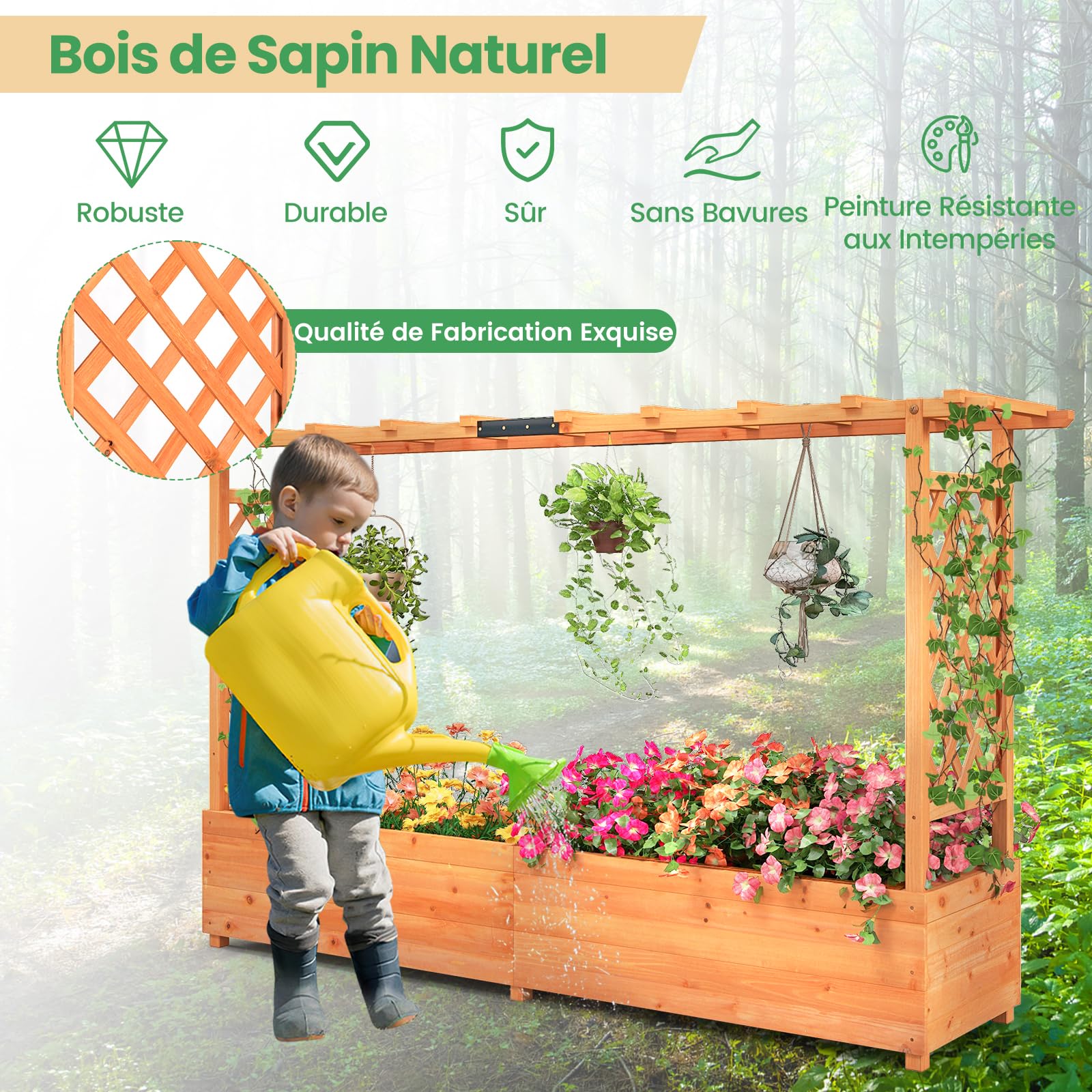 RELAX4LIFE Jardinière Surélevée avec Treillis Latéral & Supérieur, Jardinière sur Pied avec Treillis&Trous de Drainage, Conteneur de Plantes Vertical Pourvignes Grimpantes (200x44x114CM)