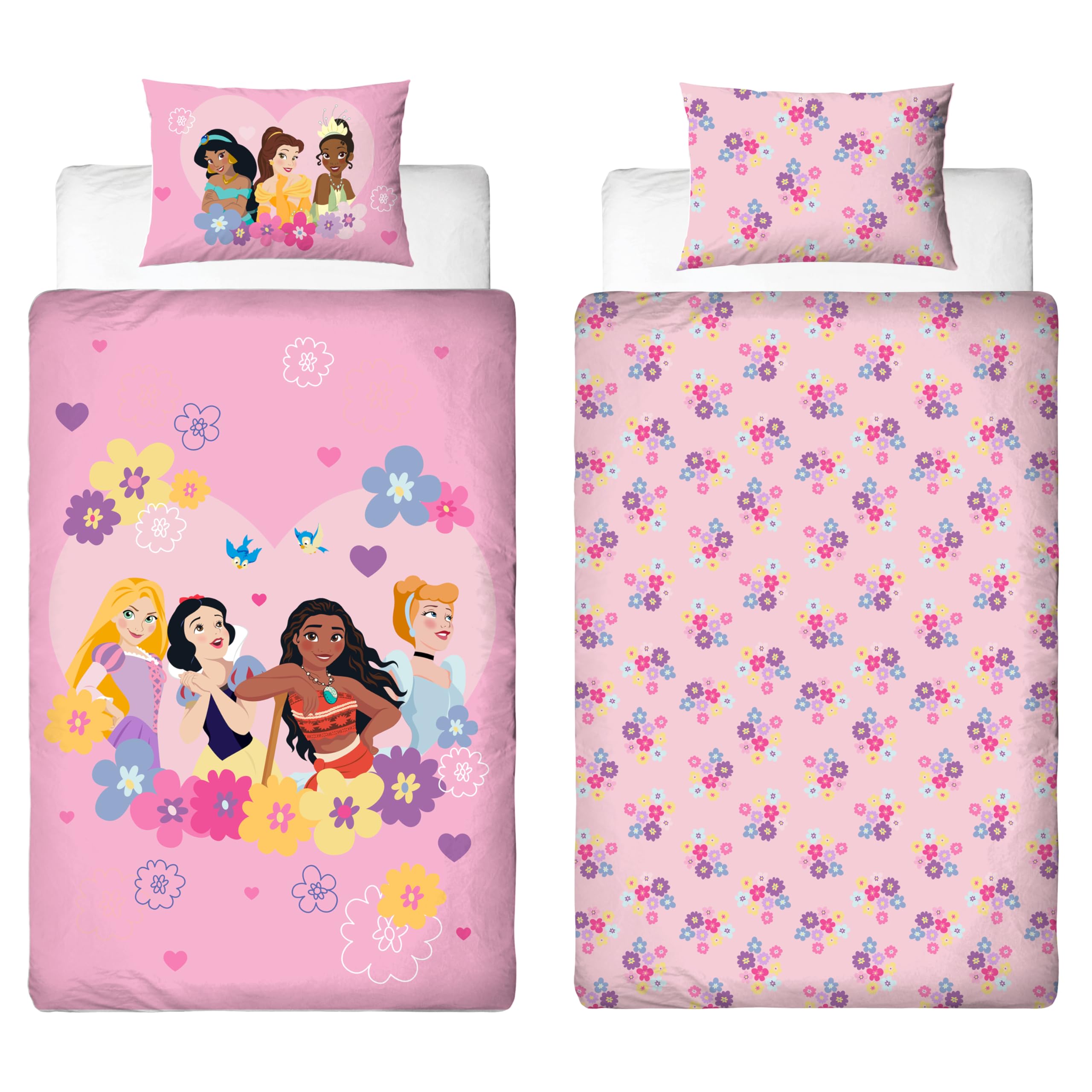 Disney Juego de Funda nórdica Individual con Licencia Oficial Princess | Diseño «Flower Power», Ropa de Cama Reversible por Ambos Lados Que Incluye Funda de Almohada a Juego