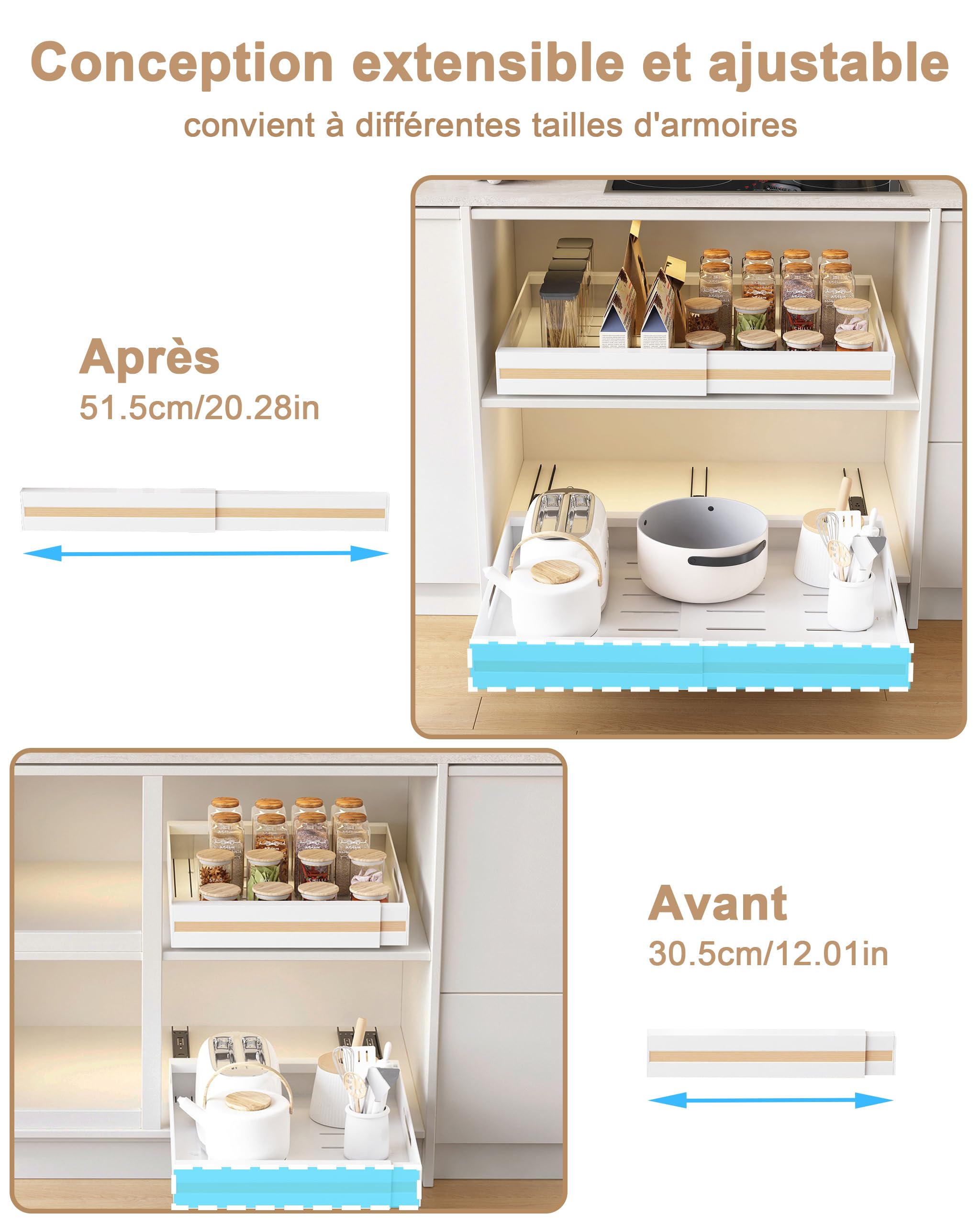 UMDONX Lot de 2 Tiroir Coulissant Cuisine Adhésif Rangement Placard Blanc - Tiroir Télescopique Extensible (largeur réglable de 30.5 à 51.5)