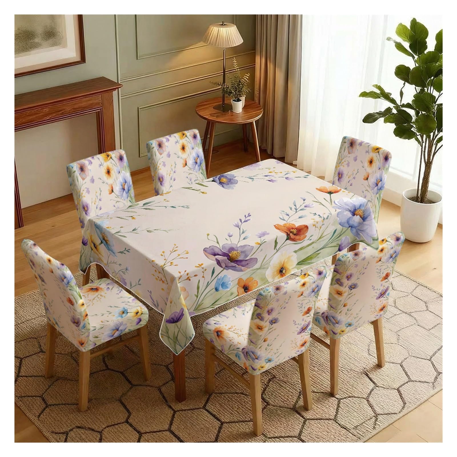 BOSUYBN Watercolor Wildflower Print Dining Tablecloth & Chair Covers Set, 5/7 Pack Stretch Fabric For Dining Room Kitchen Table Setting(7pcs Set: Tablecloth+Chair Covers)