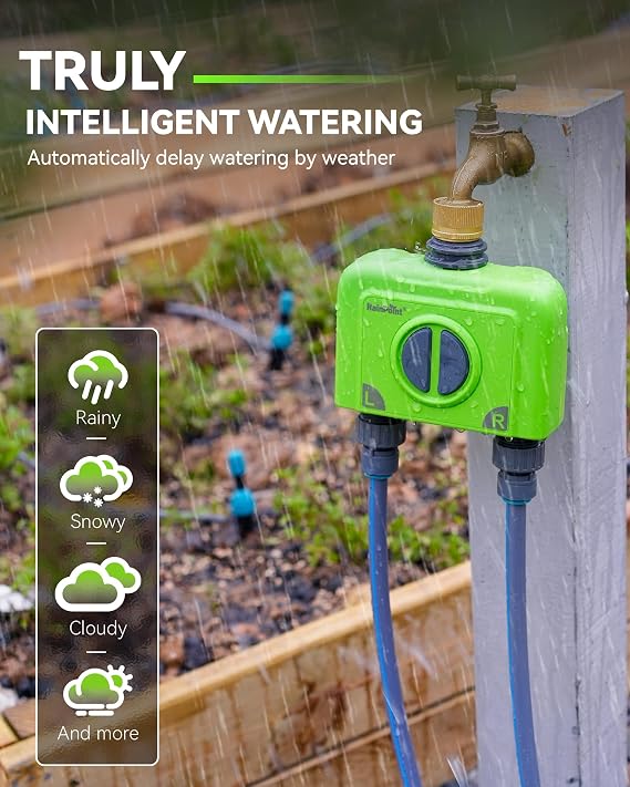 RAINPOINT WiFi Garden Hose Timer 2 Zone, Smart Water Timers for Irrigation, Sprinkler Timer via APP/Voice Control, Built-in Flow Meter, Based on Weather/Soil, Automatic Watering System (Brass Inlet)
