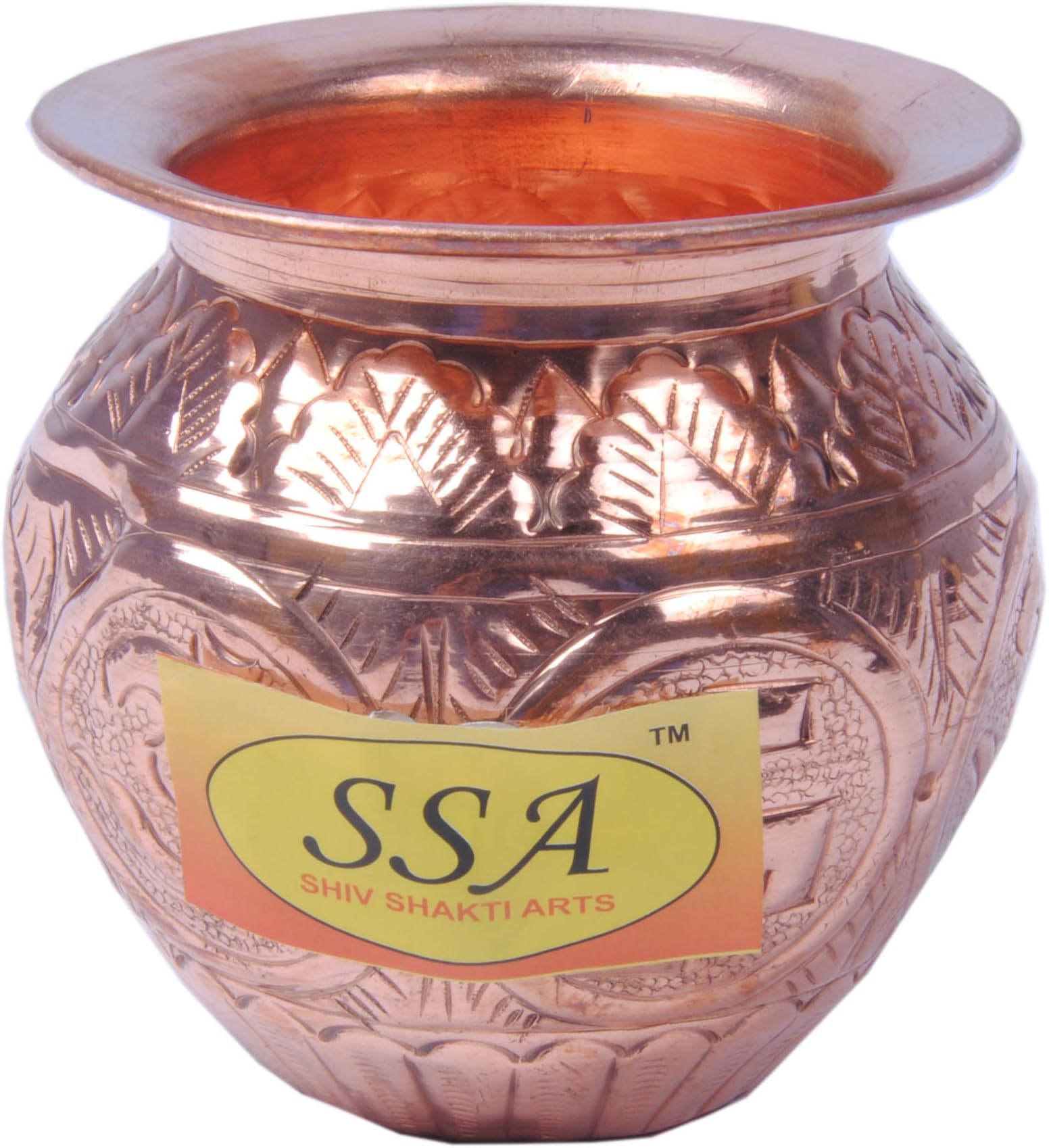 SHIV SHAKTI ARTSHindu Traditional Pure Copper Wedding Mandir Kalash Pot for Navratri Pooja/Vintage Antique Designer Puja Water Lota w/Om & Swastik/Handmade Ayurvedic Copper Pitcher Vessel Drinkware