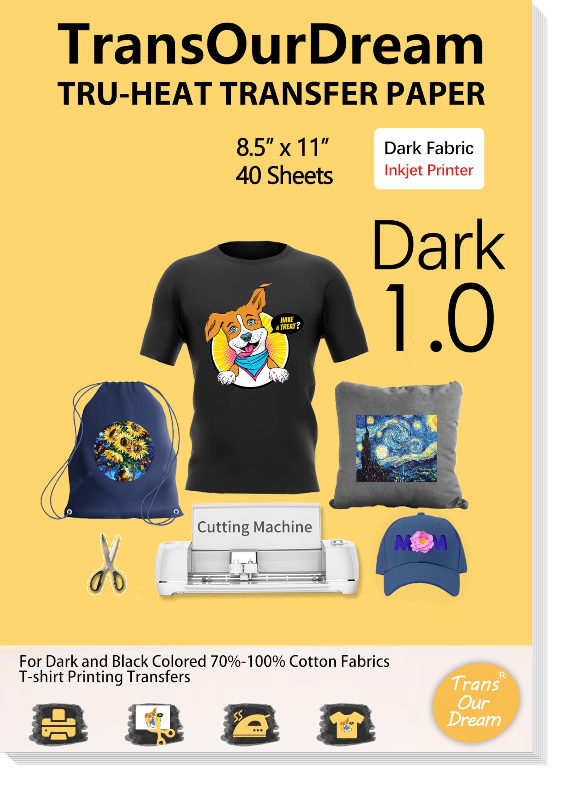 TransOurDream Heat Transfer Paper for Dark Fabric (40 Sheets, 8.5x11) Printable Heat Transfer Vinyl for T-Shirts Iron on Transfers for Inkjet Printer