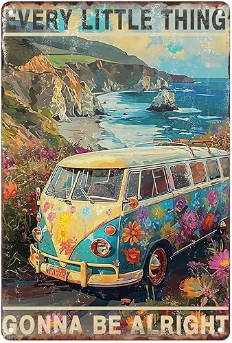 Sanwarm Letrero de metal de 8 x 12 pulgadas, diseño de flor hippie de autobús vintage, decoración de pared para el hogar, sala de estar, cocina,