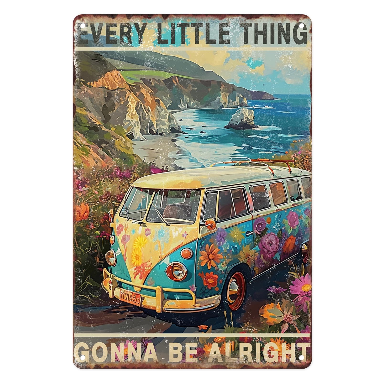 Sanwarm Metal Sign 8X12 Inch, Bus Hippie Flower Vintage Tin Sign Wall Art Decor for Home, Living Room, Kitchen, Garden, Bedroom, Office, Hotel, Cafe